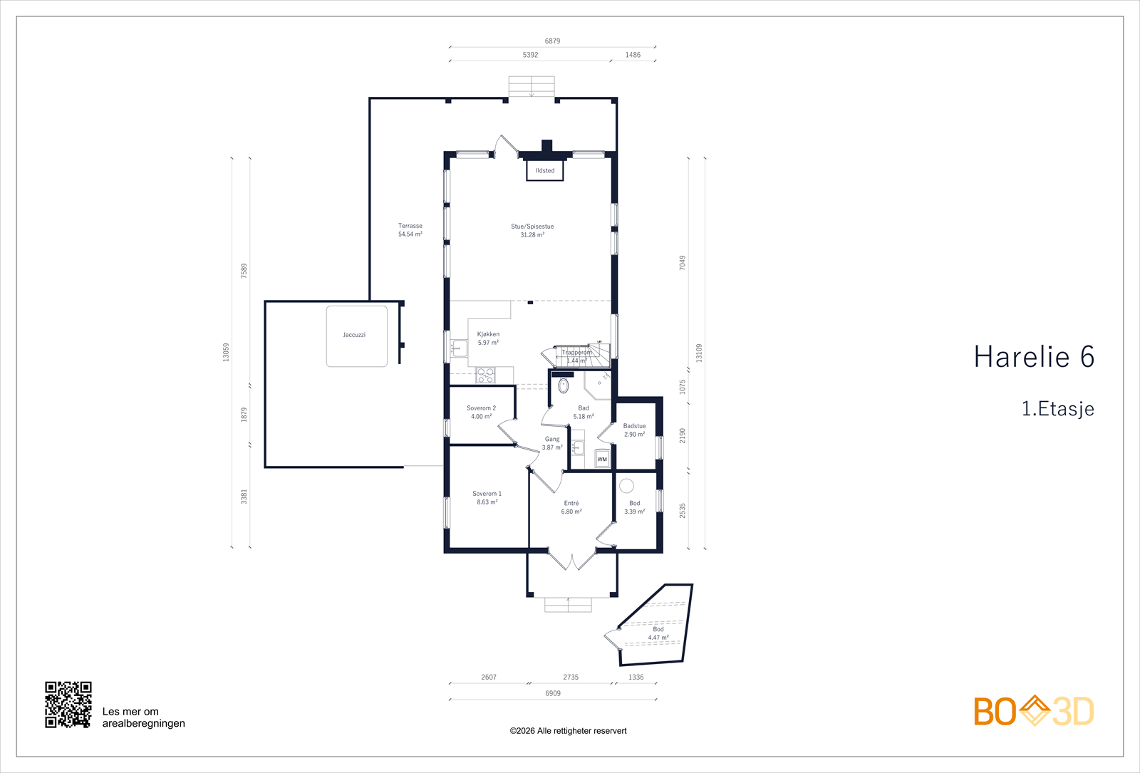 Vi går inn! Her finner du planløsning for hyttas første etasje. Galleribilde
