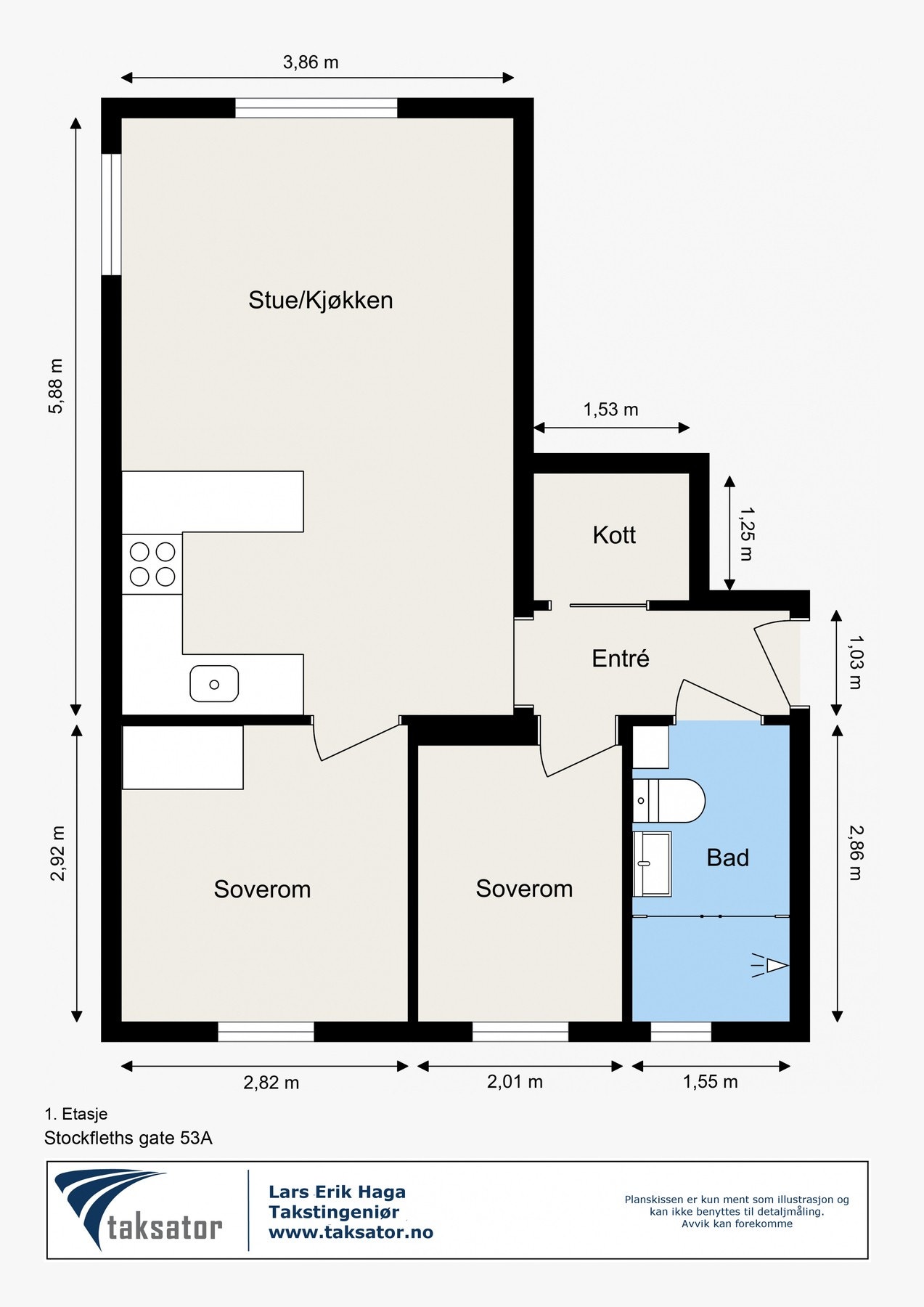 Plantegning. I tillegg disp. leiligheten en bod i 1. etasje målt til ca. 5,1 m2, samt en loftsbod på ca. 4,4 m2 (gulvvarel målt til ca. 9,3 m2). Galleribilde