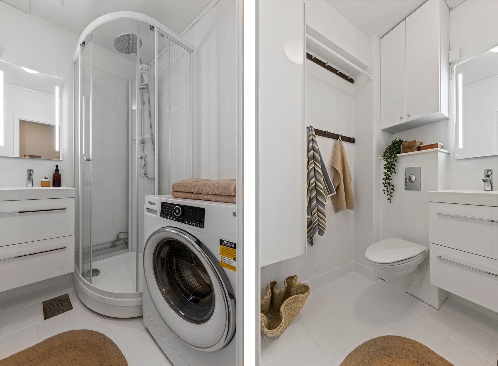 Delvis flislagt bad med varmekabler, dusjkabinett, veggmontert servantskap og toalett samt opplegg for vaskemaskin Galleribilde