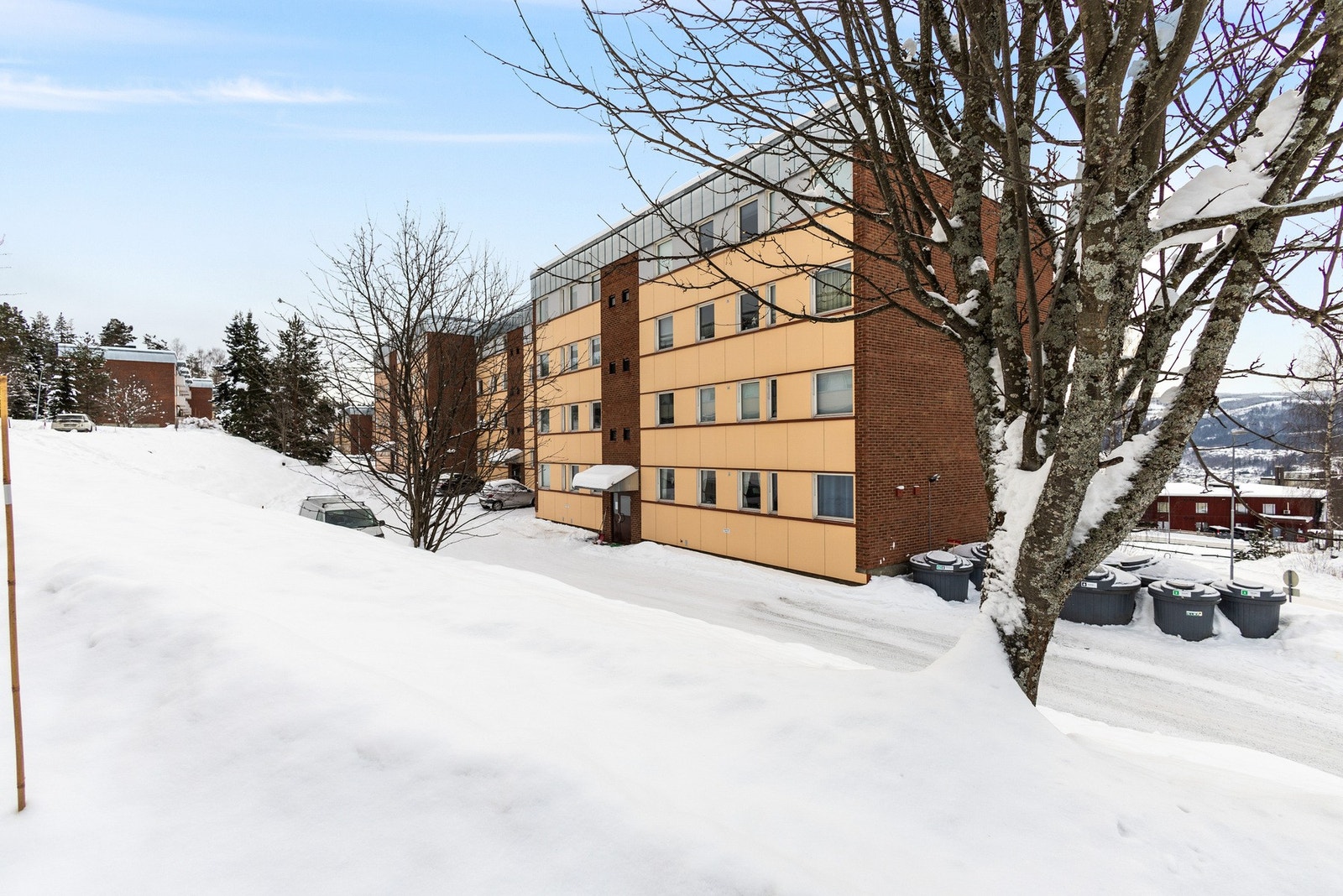 Felles tomt for borettslaget som består av en asfaltert gårdsplass og grøntarealer. Galleribilde