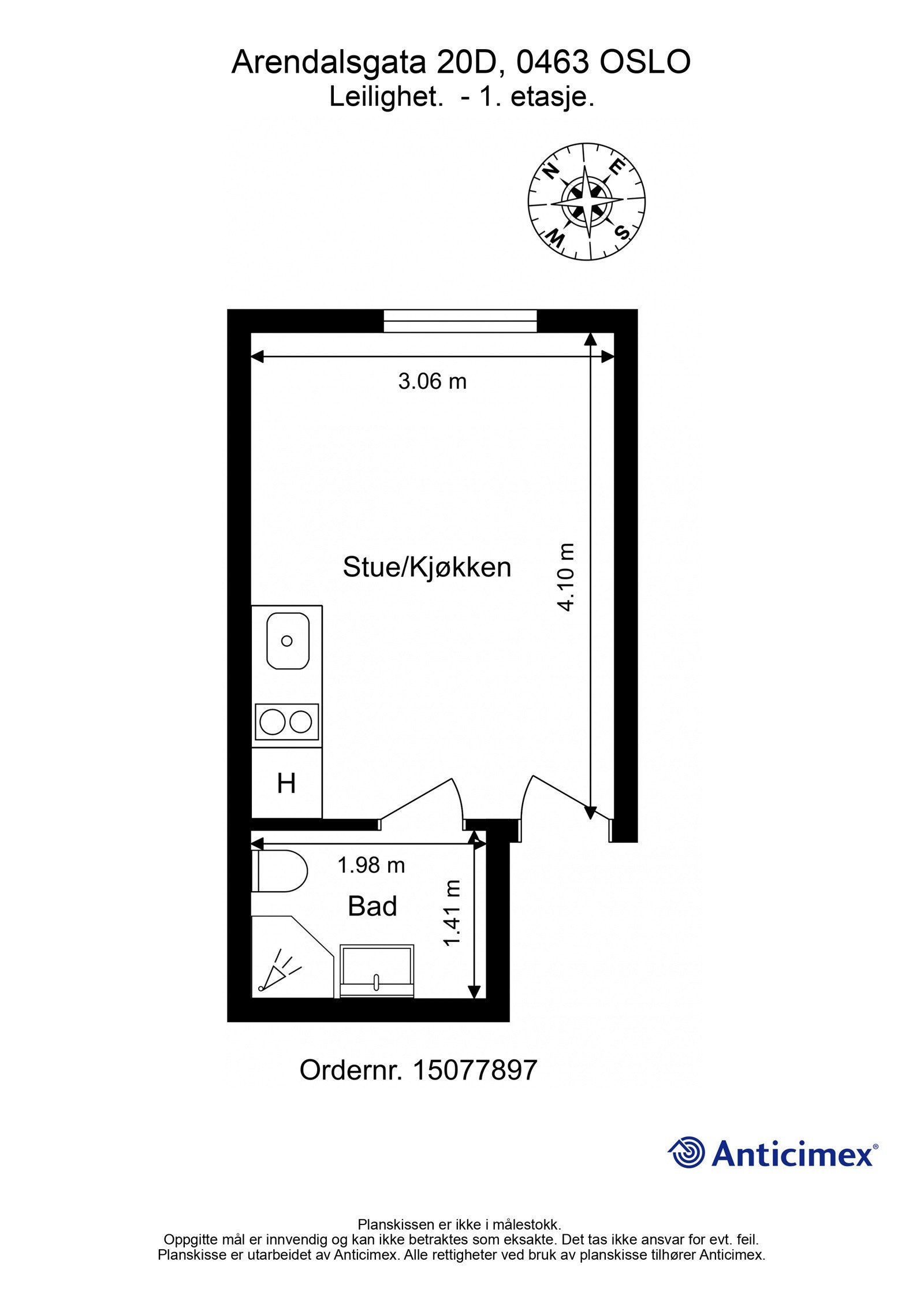 Plantegning. I tillegg disponerer leiligheten en kjellerbod på ca. 3m². Galleribilde