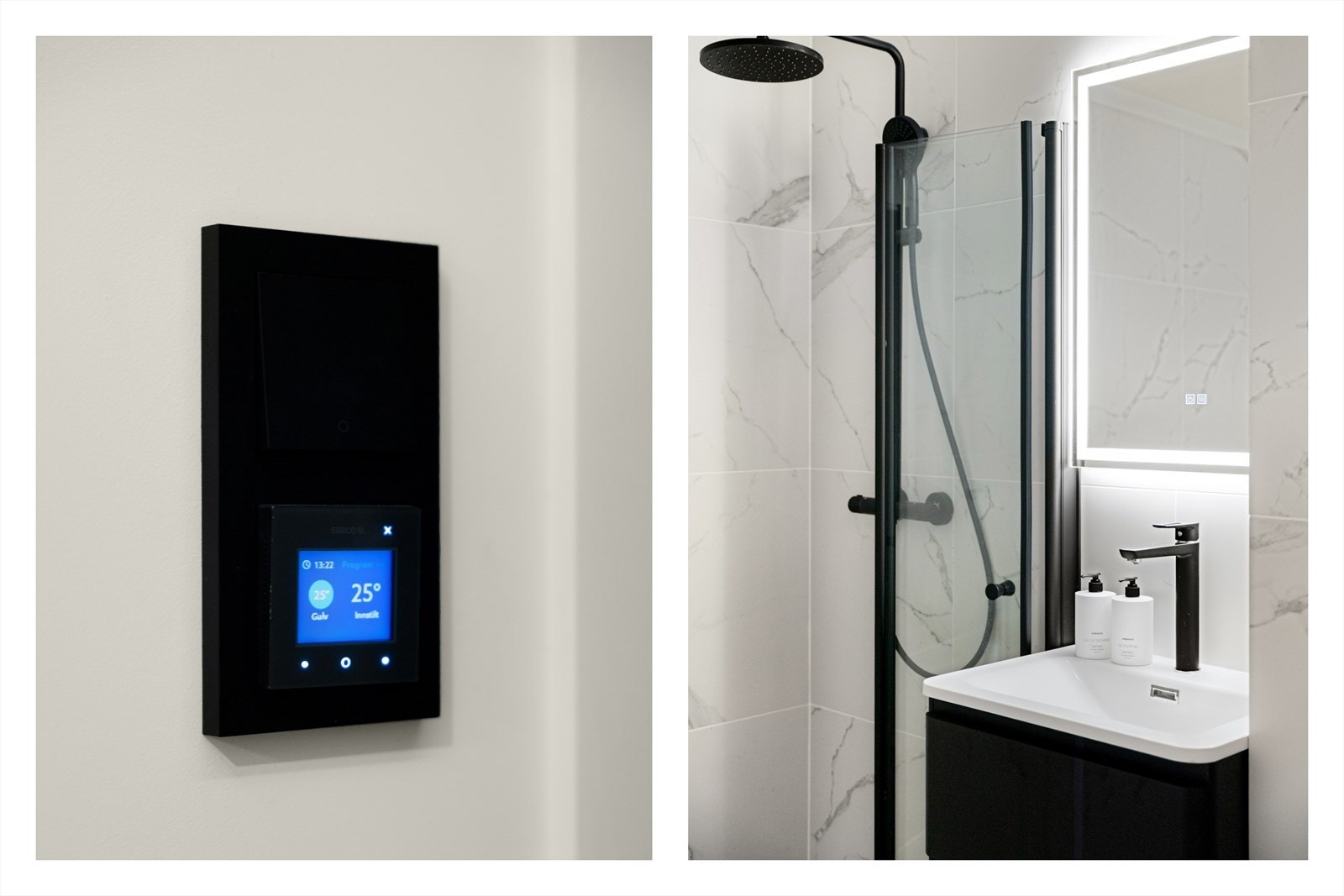 Flislagte vegger og gulv med elektriske varmekabler. Regnfallsdusj i dusjsonen. Galleribilde