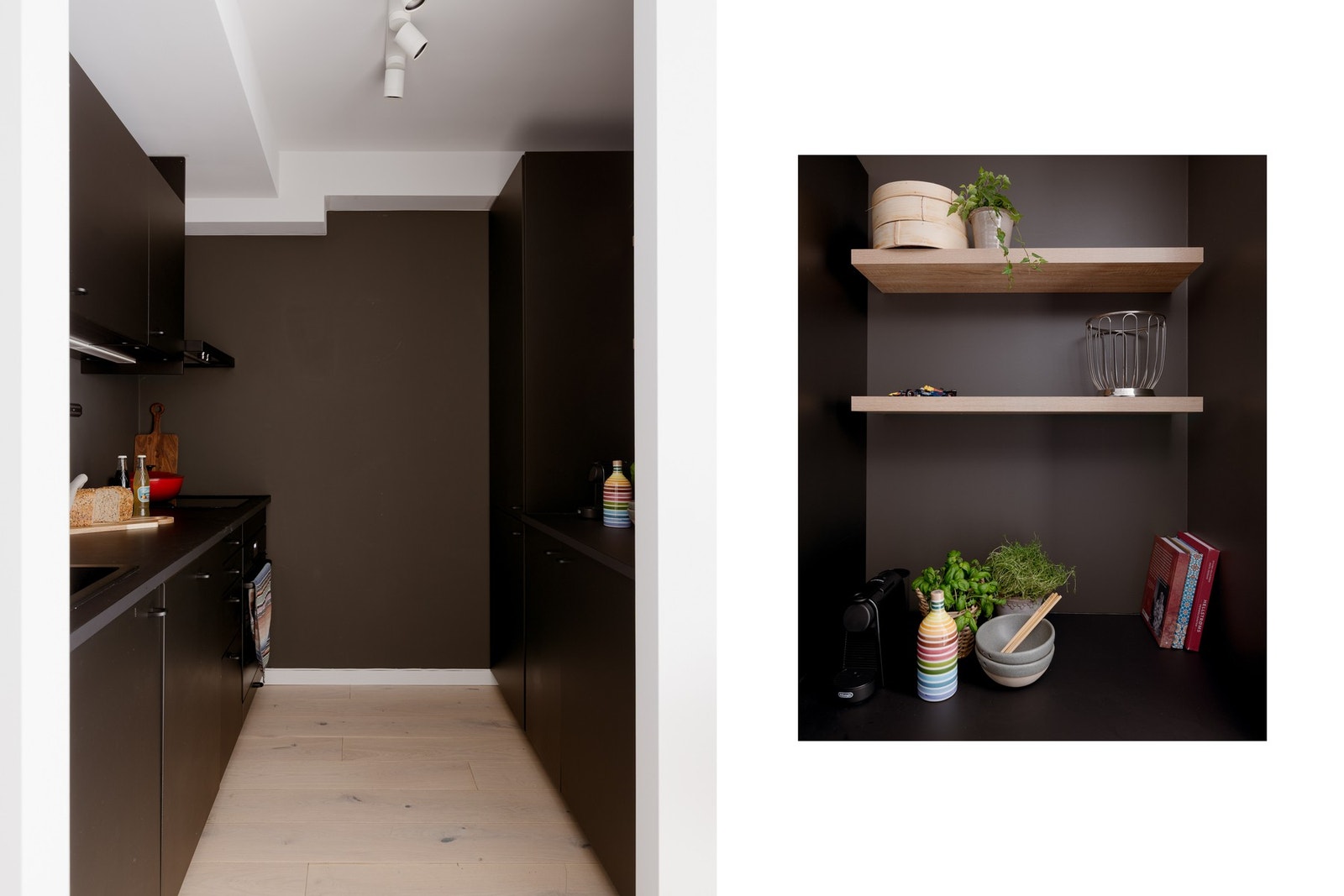 Et velutnyttet kjøkken med integrerte hvitevarer, i en åpen løsning til stuen. Galleribilde