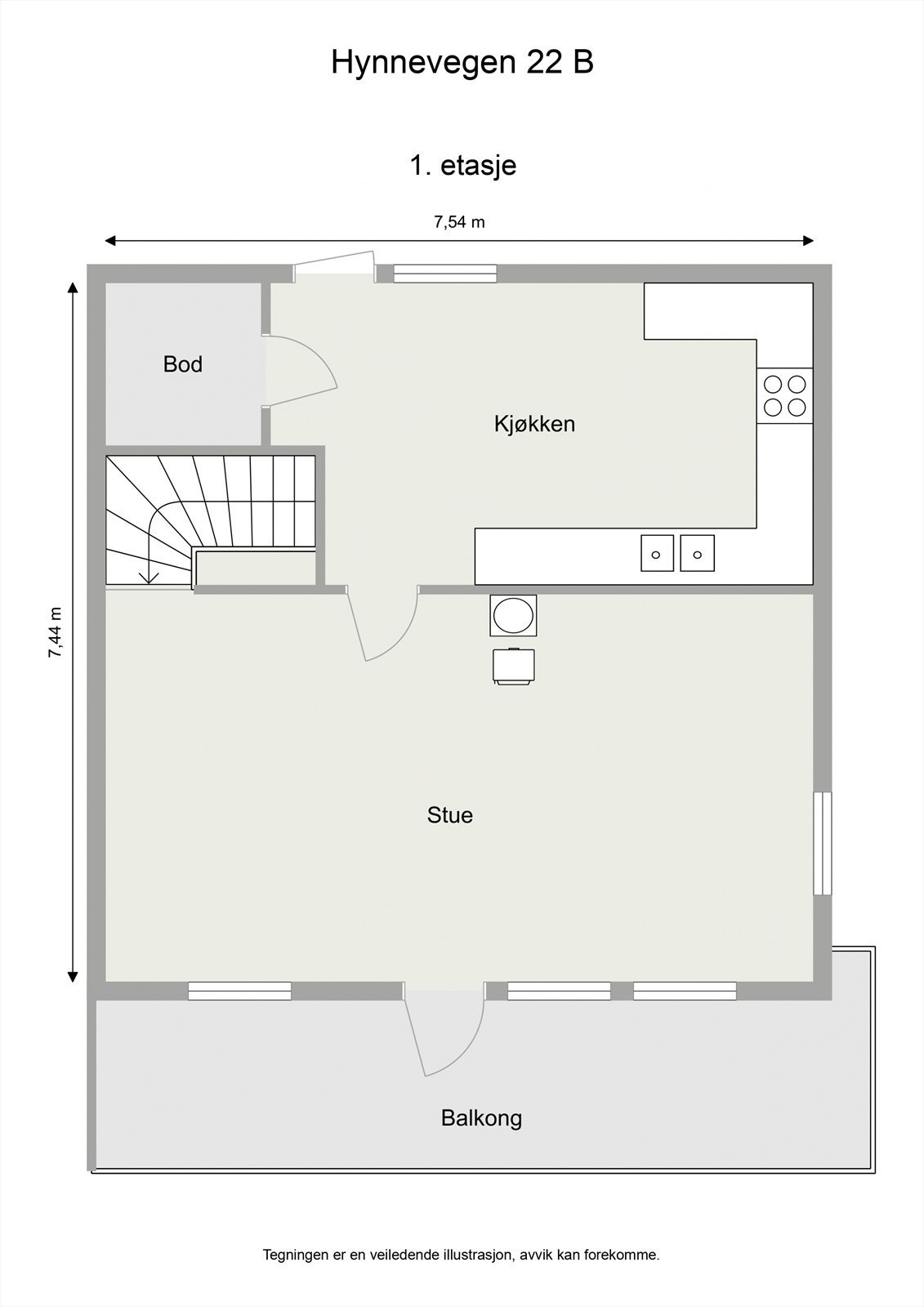 Første etasje er boligens sosiale sone med stue, separat kjøkken og en praktisk innvendig bod. Galleribilde