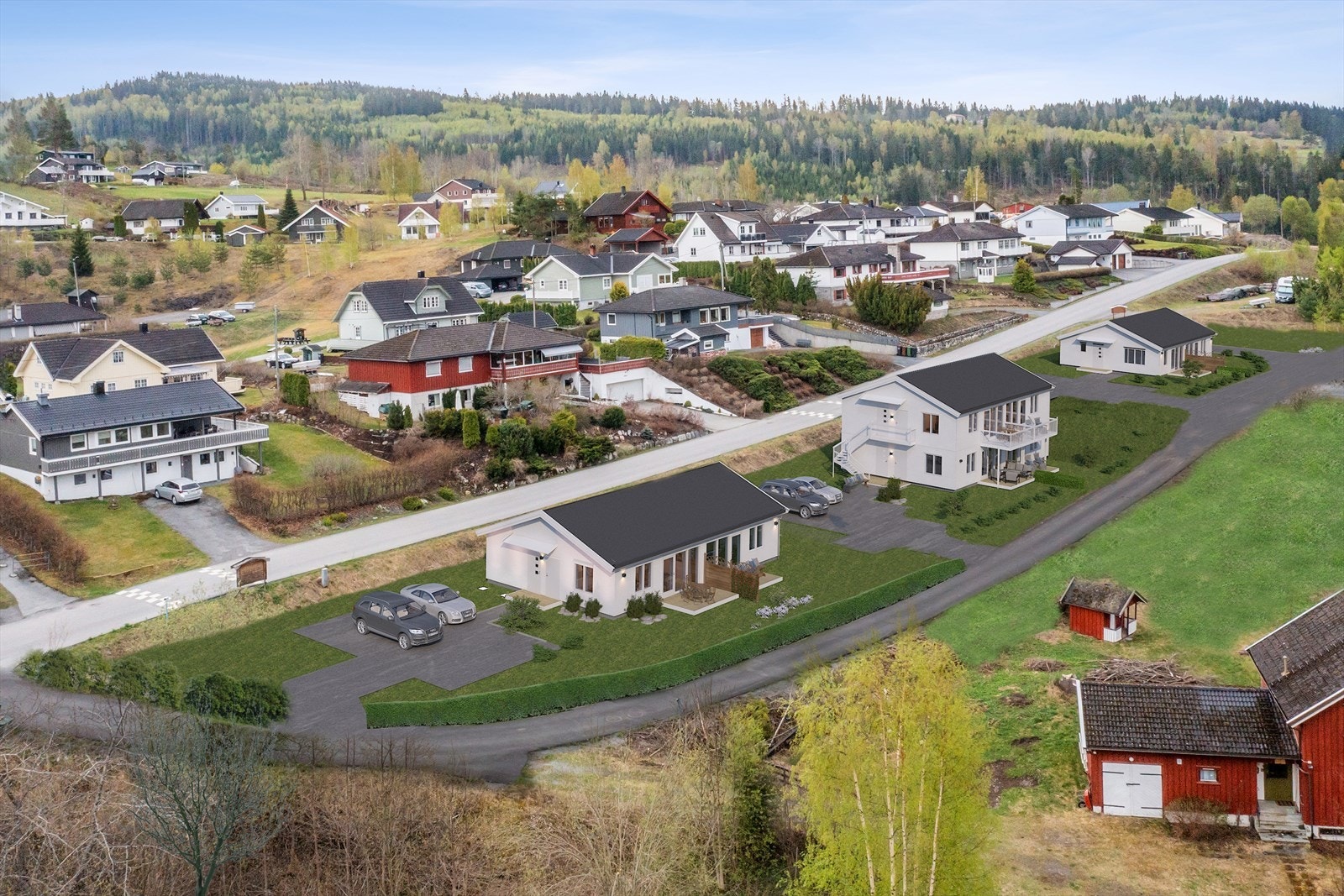 Illustrasjonsfoto som viser de 2 tomannsboligene og firemannsboligen ferdig oppført. Galleribilde