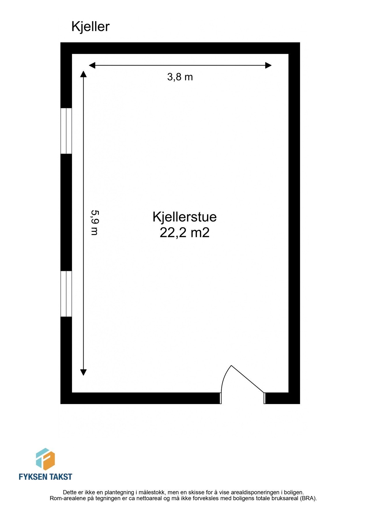 Målsatt plantegning kjeller. Leiligheten disponerer eget rom i kjeller, innredet som kjellerstue. Kjellerstuen tilfredsstiller ikke gjeldende forskriftskrav til dagslys, takhøyde eller rømning. Galleribilde