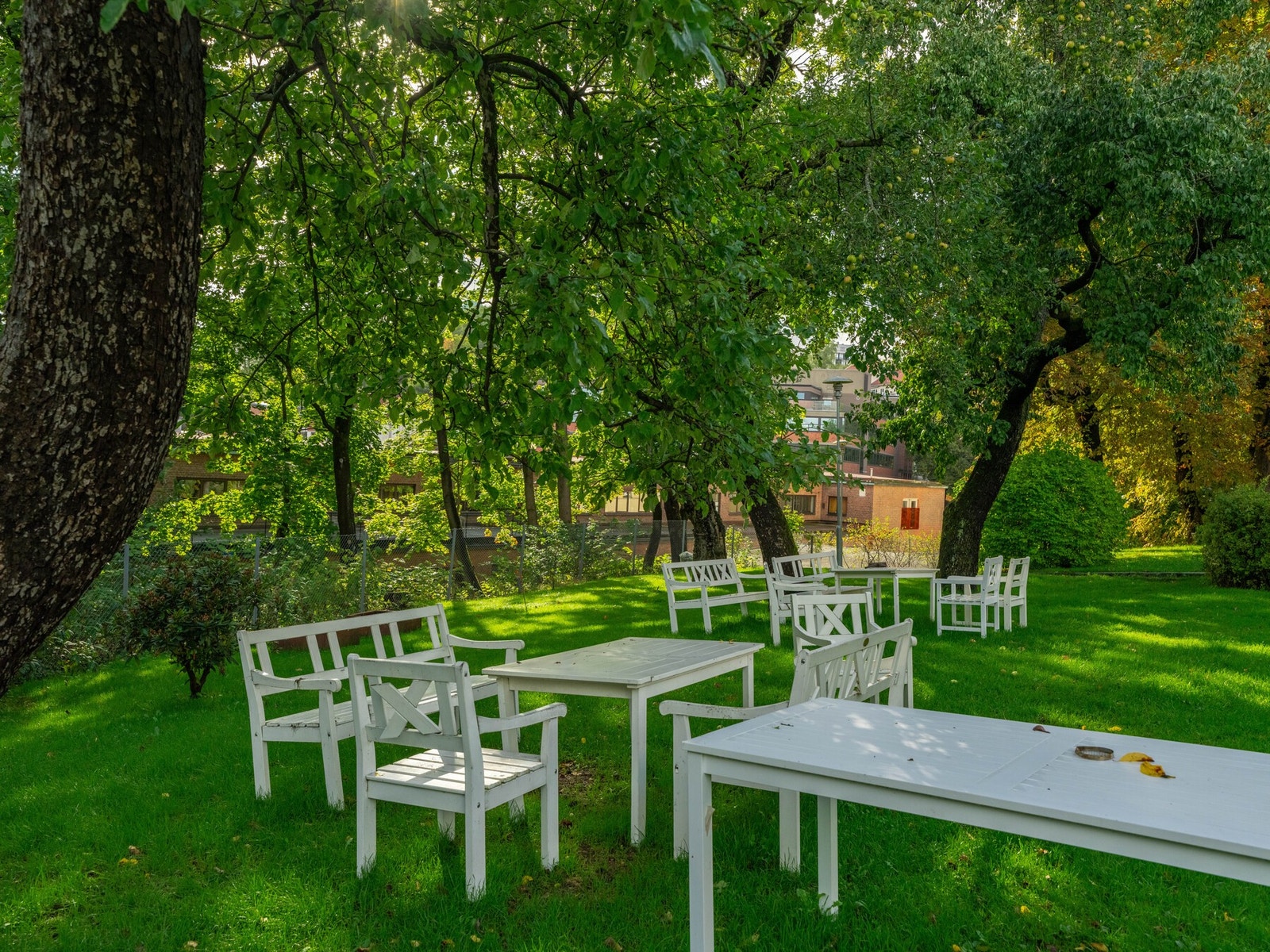 Anerkjent bakgårdshage med flere sittegrupper på sommerstid. Galleribilde