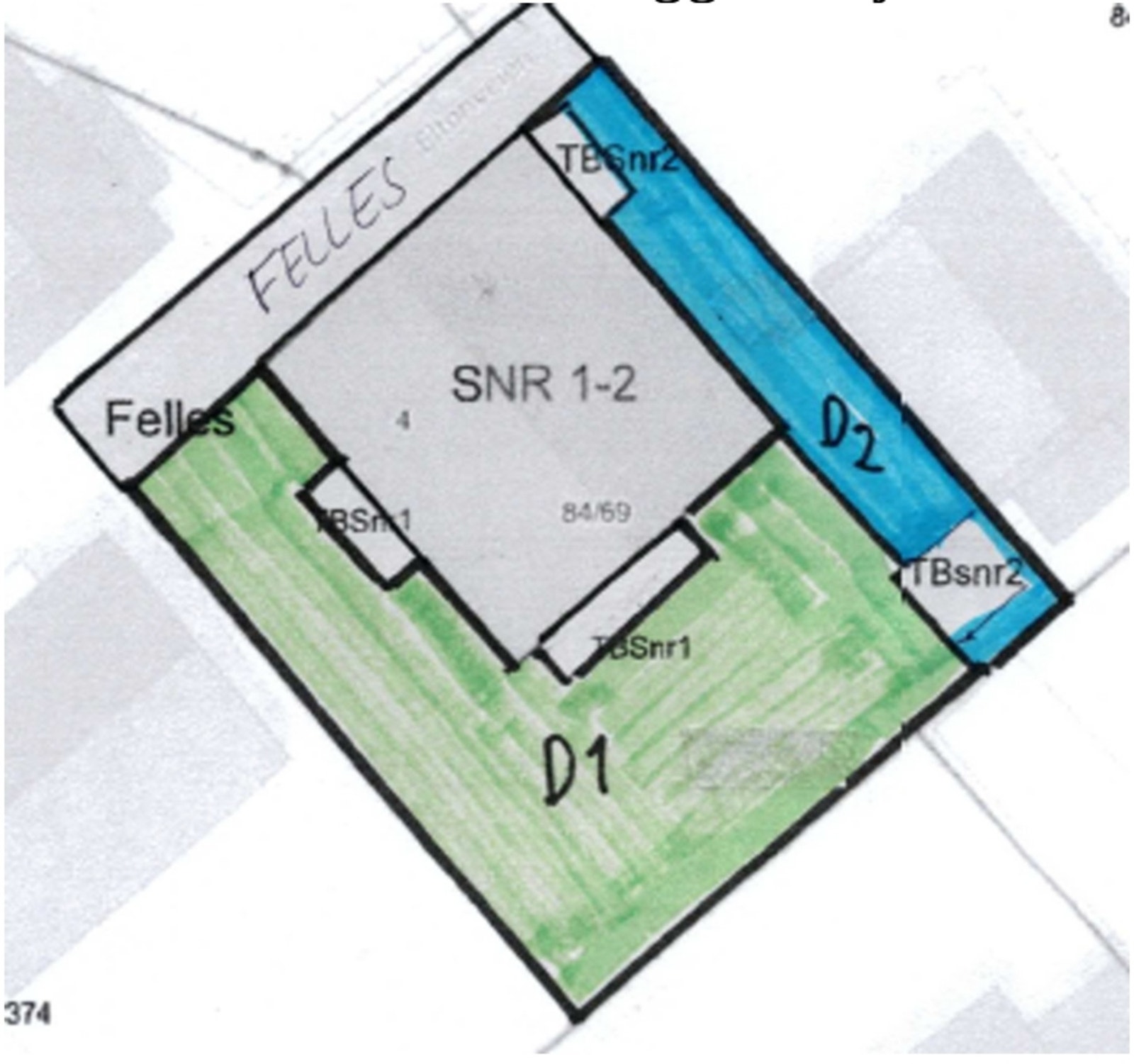 Oversiktskart for deling av tomten. D2 / snr. 2 er boligen i annen etasje. Galleribilde