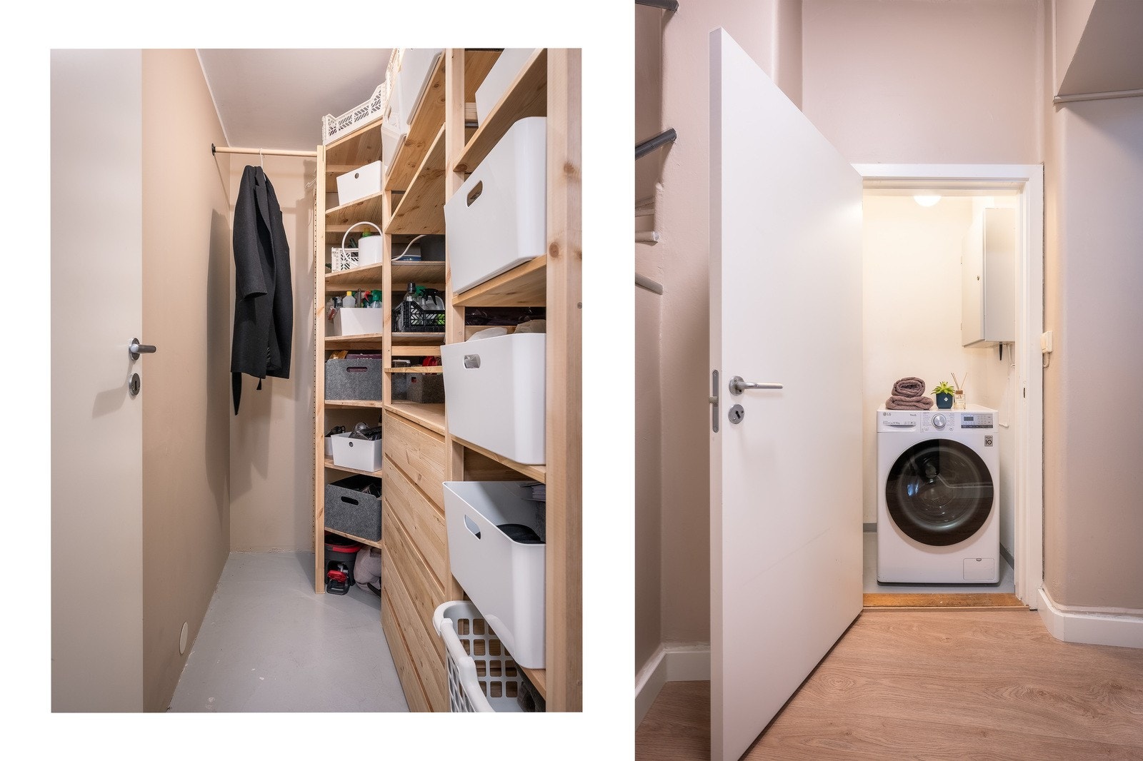 Leiligheten har hele to innvendige boder. En for vaskemaskin og en til ekstra oppbevaring. Galleribilde
