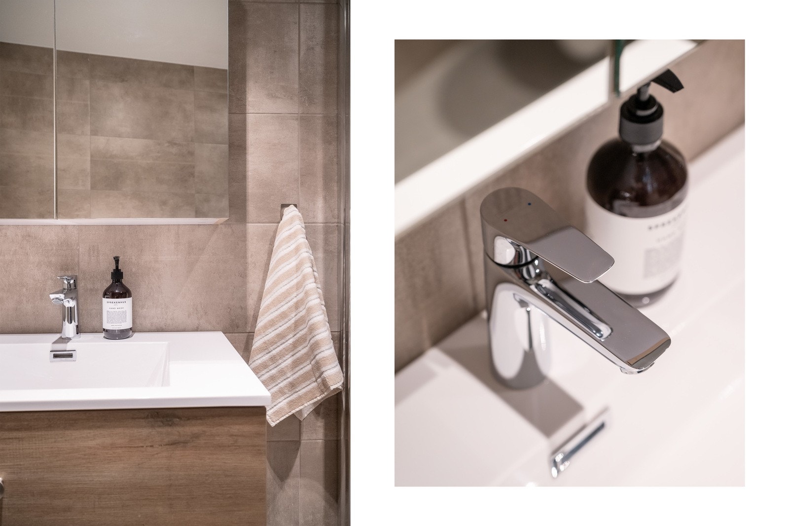 Rommet har flislagte overflater på gulv og vegger, samt gulvvarme for ekstra komfort. Innredningen består av en servant med skuffer, speilskap, veggmontert klosett og dusjvegger med dusj rett på gulv. Det er innfelte lys i taket og elektrisk bederomsvifte Galleribilde