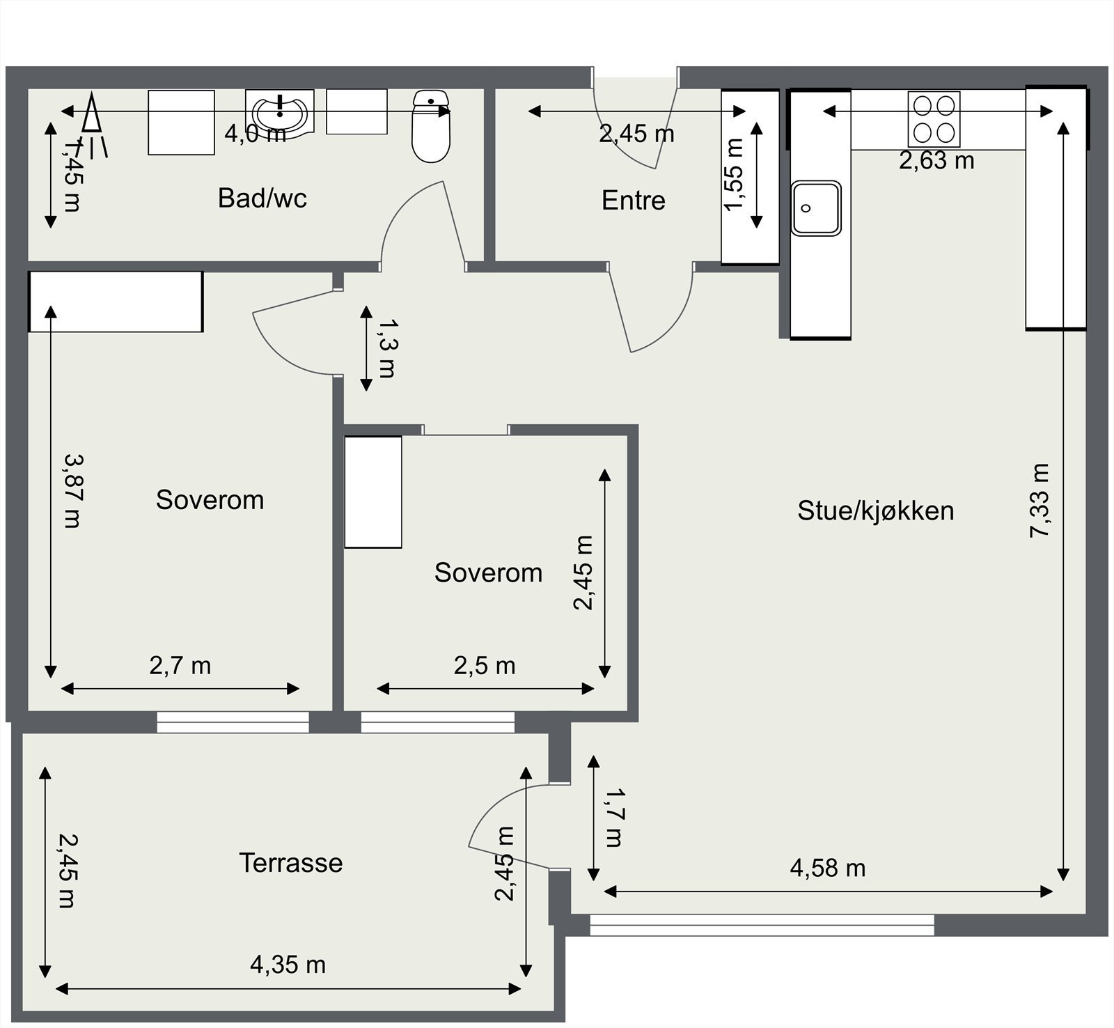 Planløsningen er arealeffektiv og inneholder entré, stue/kjøkken, to soverom og bad. Galleribilde