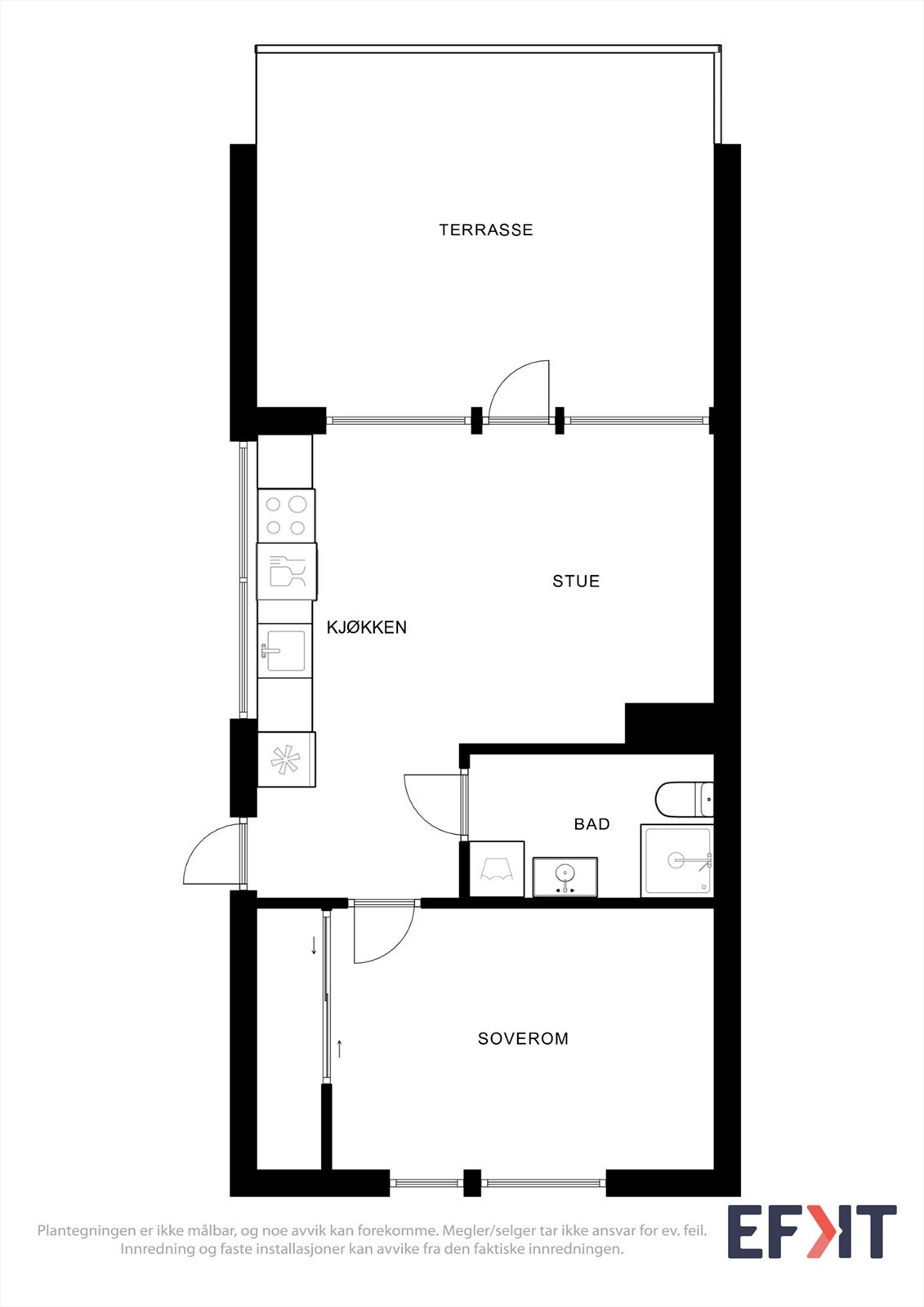 Leiligheten har en arealeffektiv planløsning på 40 m² med stue, kjøkken, soverom og bad. Galleribilde