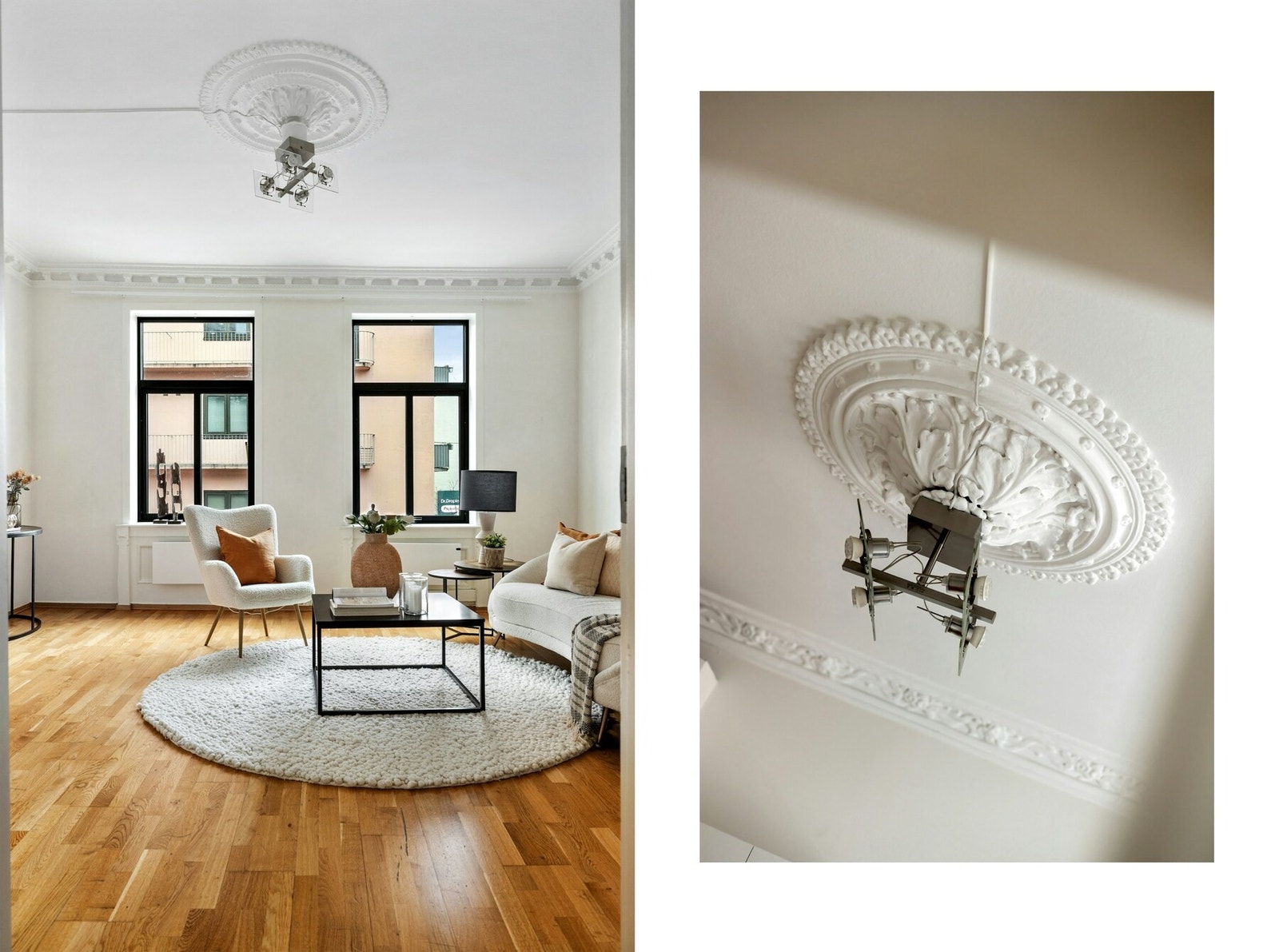 Stuen er preget av flotte klassiske detaljer som stukkatur og rosett, noe som gir rommet et elegant og tidløst uttrykk Galleribilde