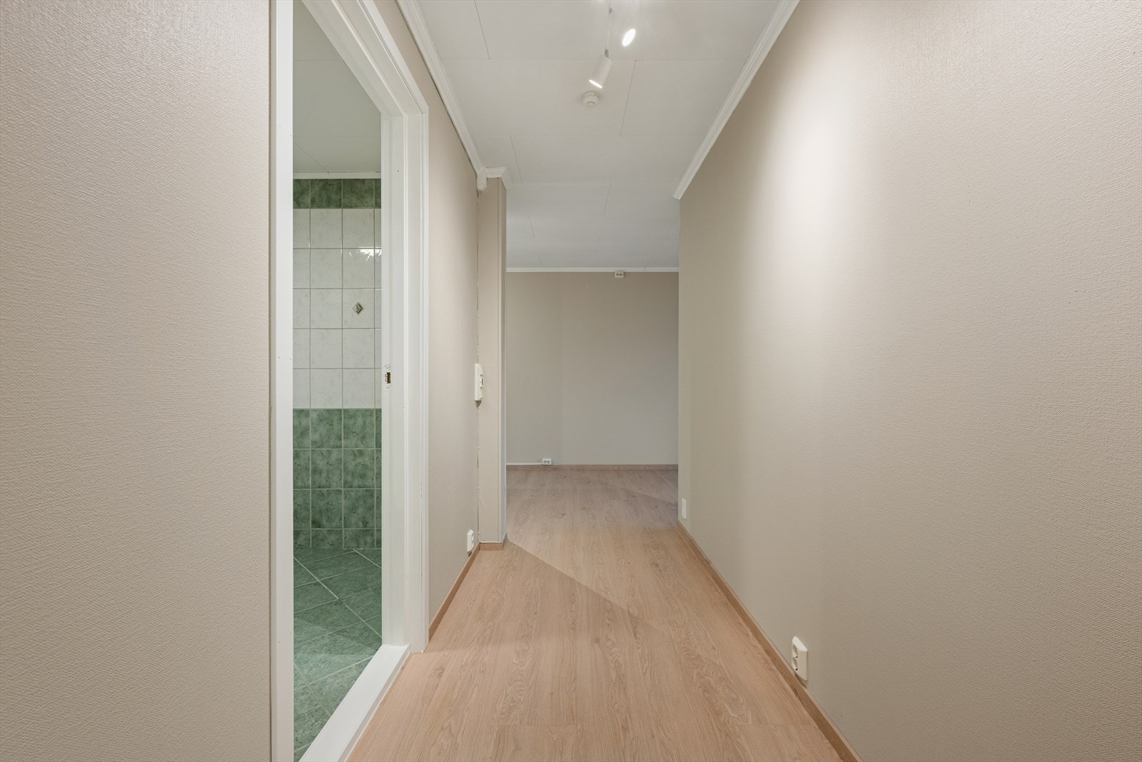 Gangen leder inn mot den åpne stuedelen og har gjennomgående laminatgulv. Galleribilde