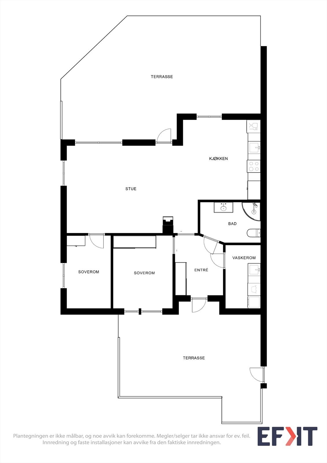 Boligen har en arealeffektiv og praktisk planløsning på ett plan, med alt du trenger på én flate. Galleribilde