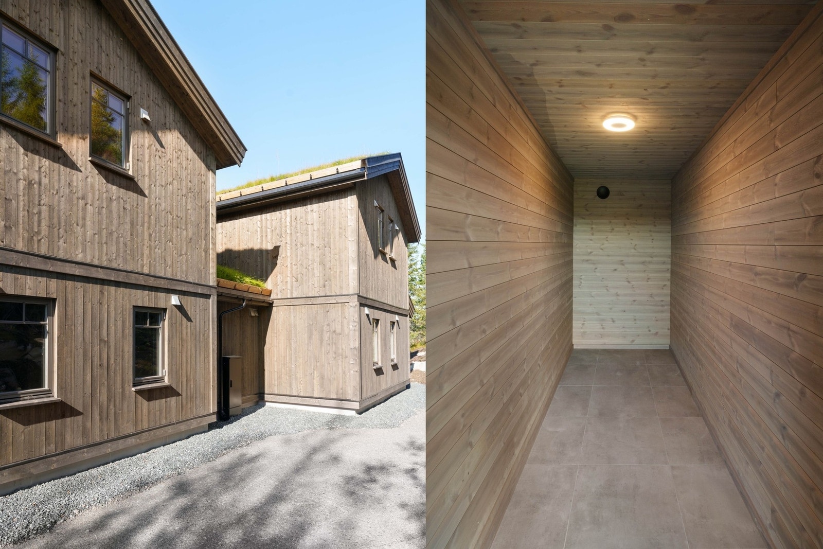 Romslig, isolert bod mellom enhetene - perfekt for å kunne sett fra seg utstyr før man trer inn i hytten. Inngang til boden ifm. forsiden av bygget. Galleribilde