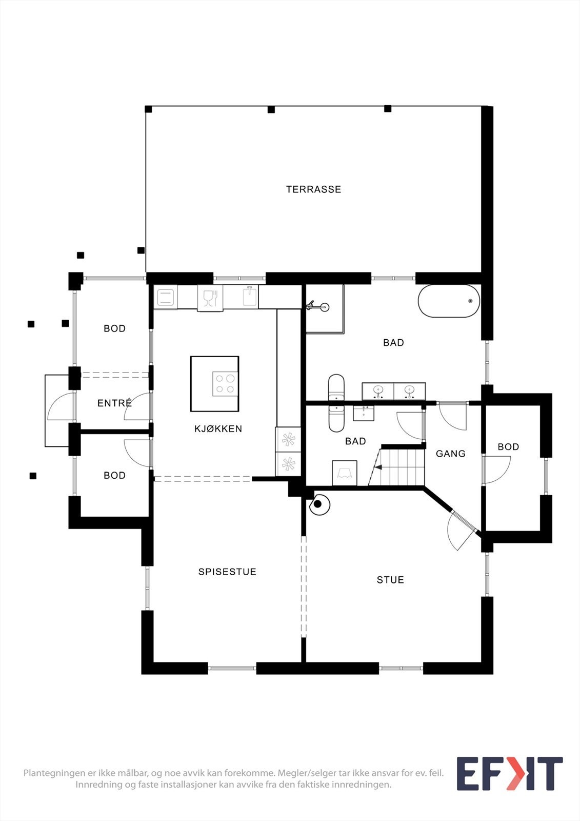 Første etasje er boligens sosiale sone med stue, kjøkken, spisestue og to bad. Galleribilde