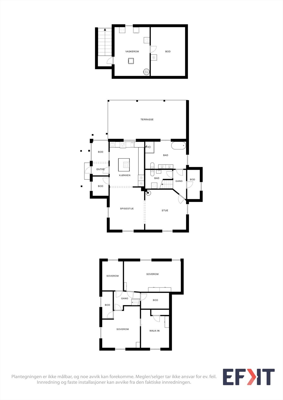 Plantegningen illustrerer boligens tre plan med en funksjonell og familievennlig rominndeling. Galleribilde