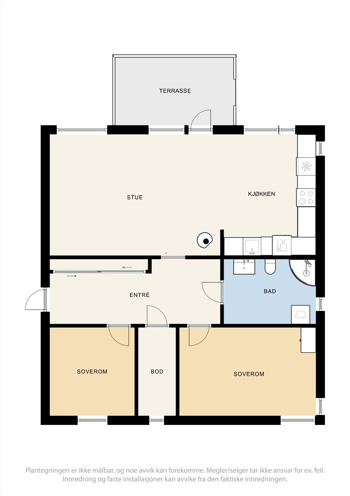 Planløsningen er arealeffektiv og praktisk, med to soverom, bod og en åpen stue- og kjøkkenløsning. Galleribilde