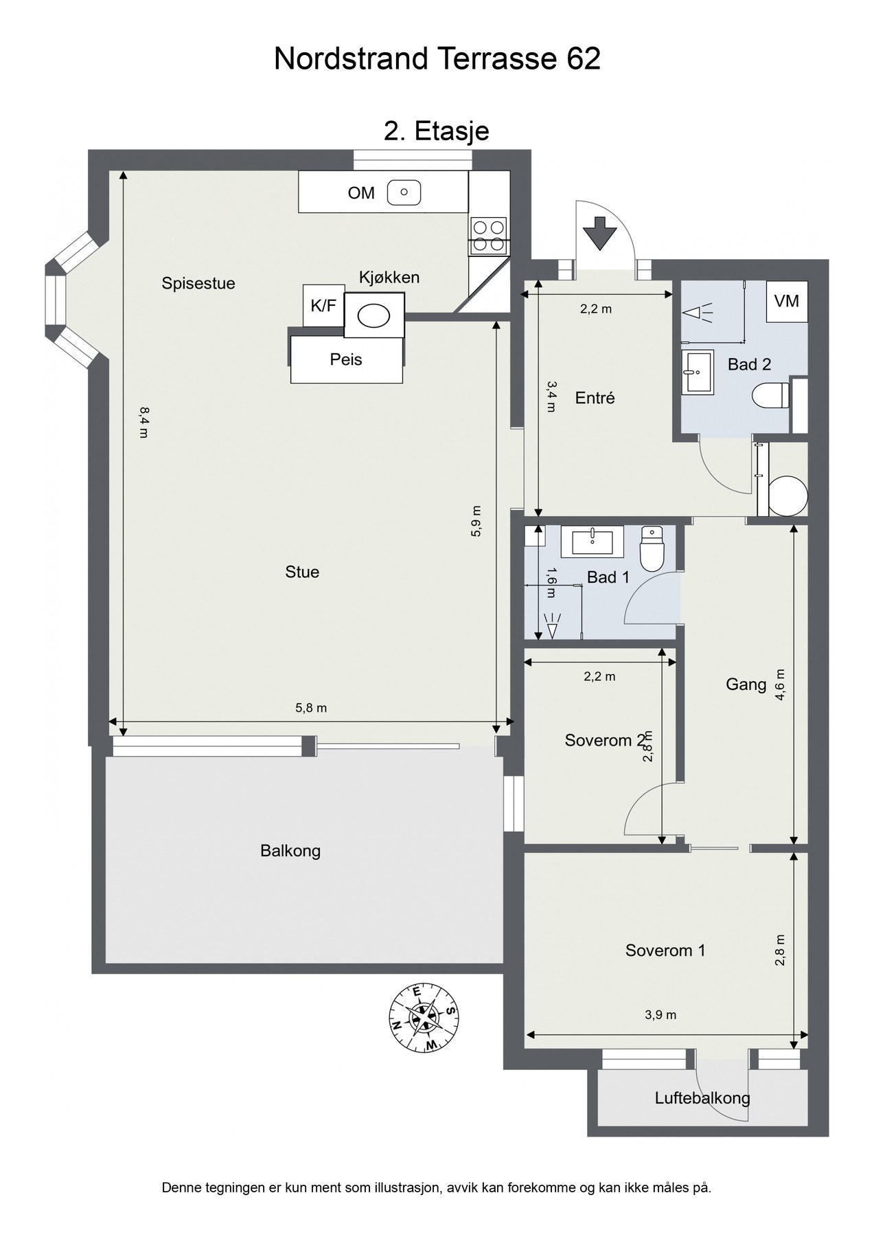 Leiligheten har to gode soverom, romslig stue og to bad Galleribilde