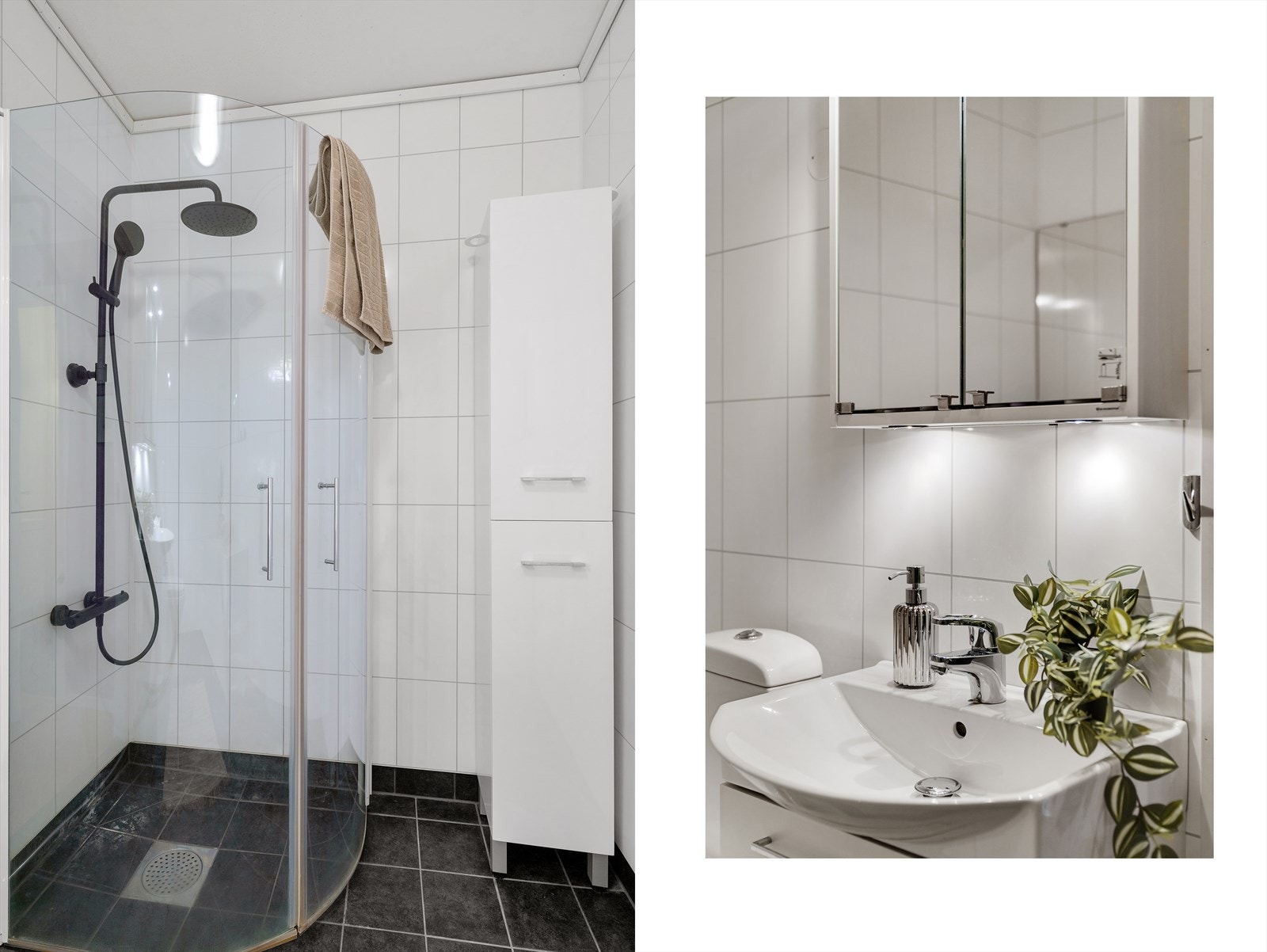 - Her får man regnfallsdusj med innfellbare dusjdører, samt lagringsplass i speilskap - Galleribilde