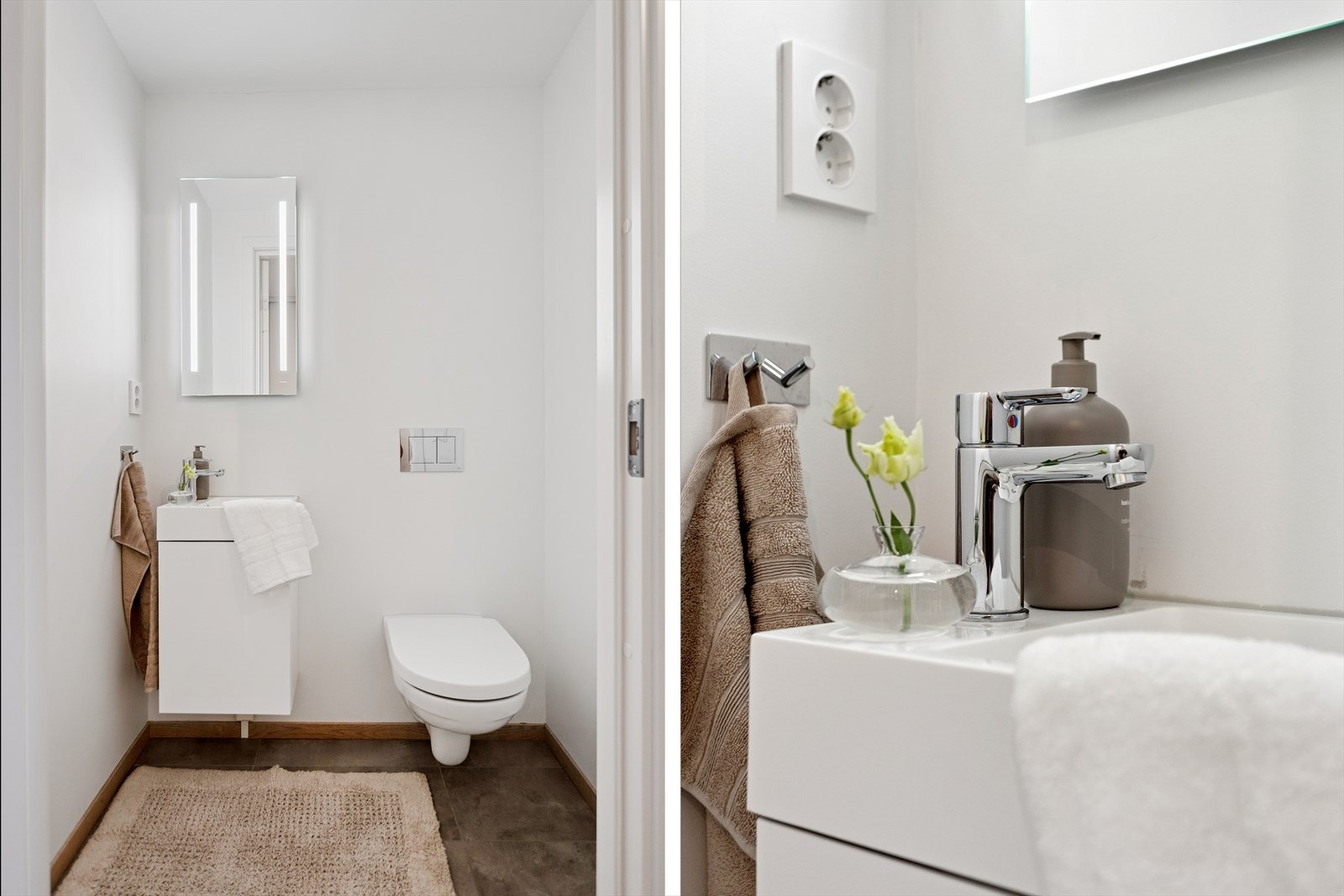 Gjestetoalettrommet, med inngang fra entreèn, sørger for at leiligheten har to toaletter. Også her er det veggmontert toalett med skjult sisterne. Galleribilde