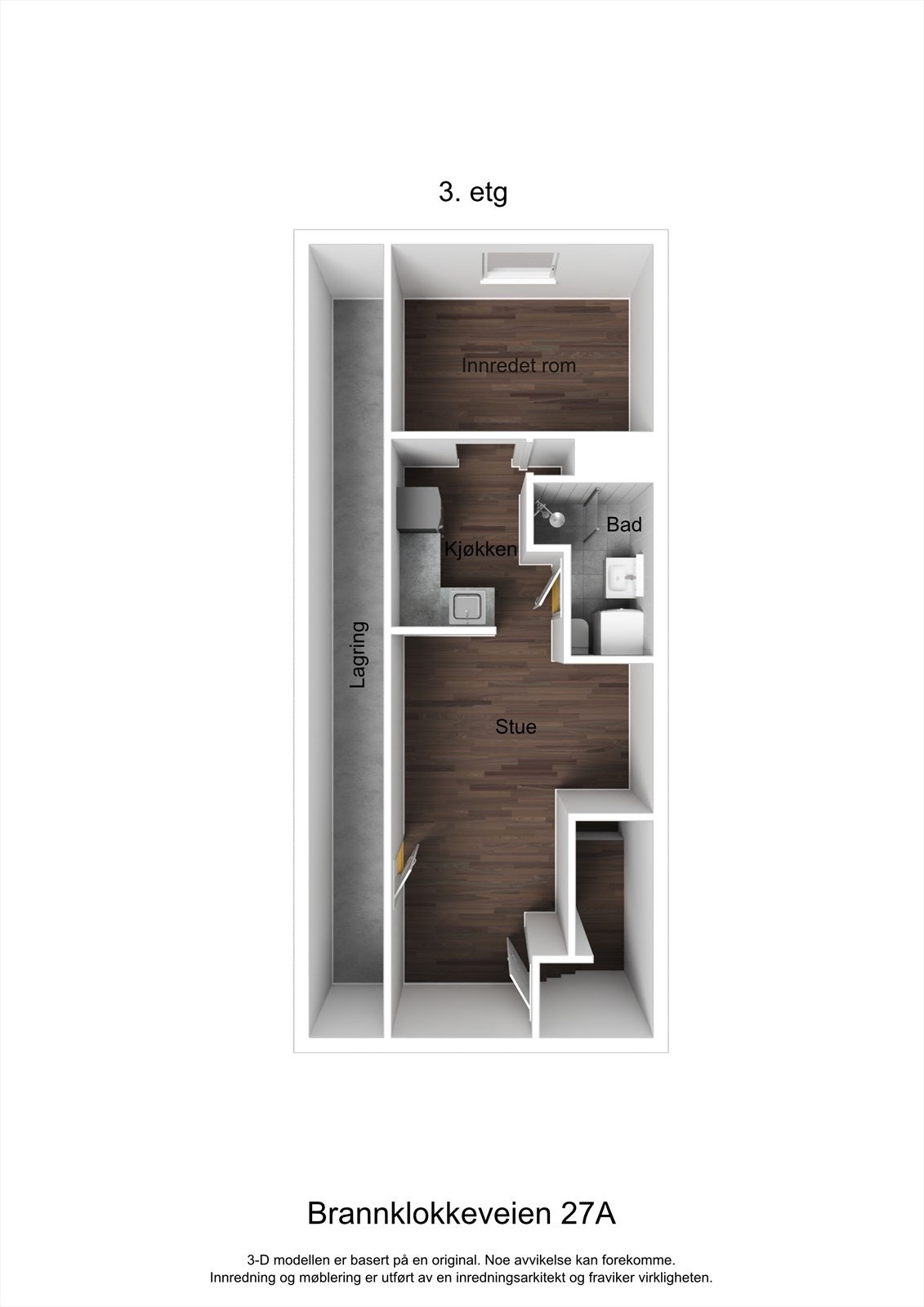 3D planillustrasjon loftsetasje. Innredningen av den er ikke søkt eller godkjent bruksendret. Galleribilde