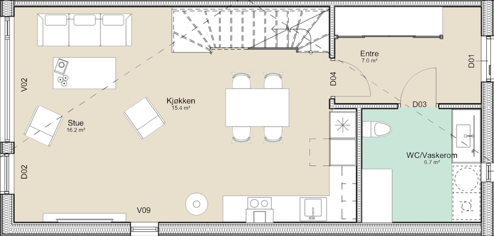 Første etasje har en åpen og sosial planløsning med stue, kjøkken, entré og wc/teknisk rom. Galleribilde