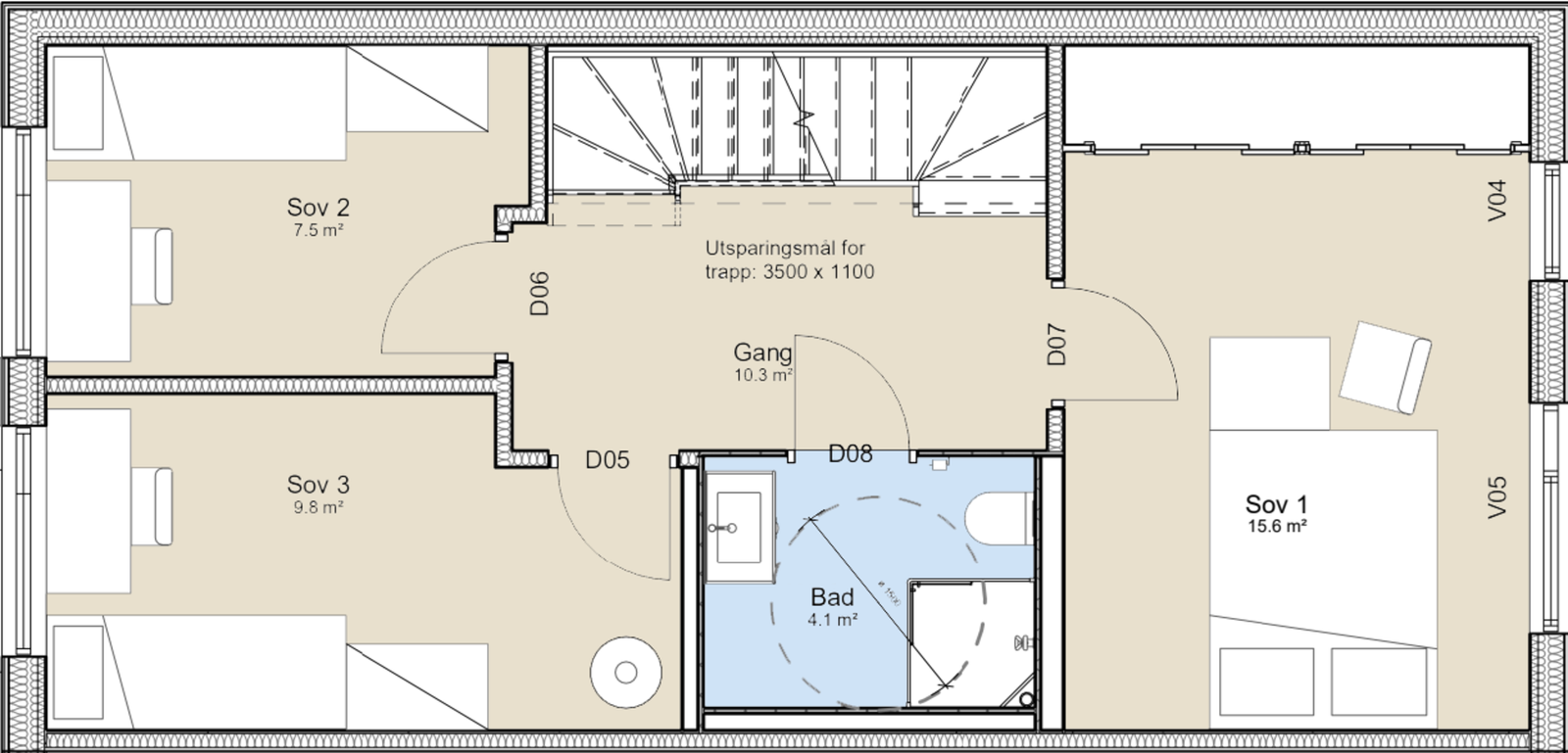 Andre etasje inneholder tre soverom og et bad, praktisk samlet på ett plan. Galleribilde