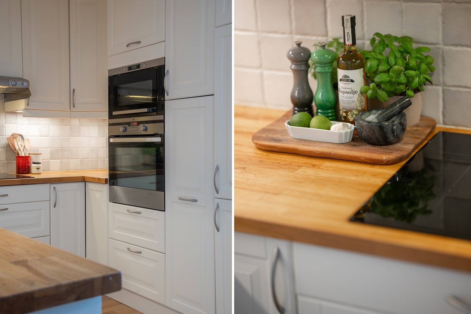 Kjøkkenet er utstyrt med integrert stekeovn, platetopp og microovn, samt opplegg for oppvaskmaskin Galleribilde