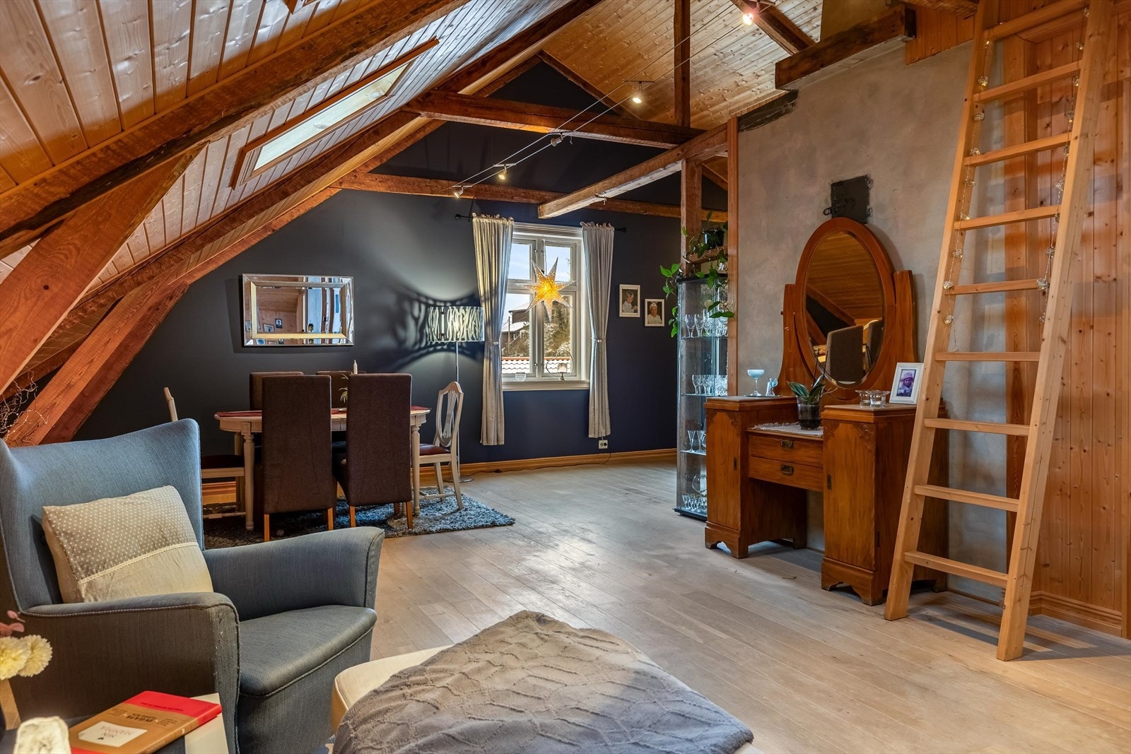 Loftetasjen består av stue/spisestue, kjøkken, bad/vaskerom og 2 soverom. Galleribilde