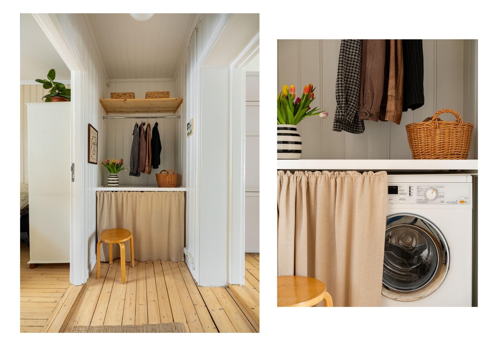 I entreen er det plass og opplegg til vaskemaskin, samt opphengsmuligheter for yttertøy. Galleribilde