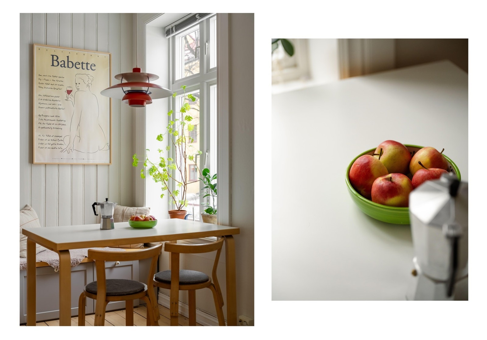 I hjørnet er det en plassbygget sittebenk hvor spisebordet også finner sin naturlige plass. Galleribilde