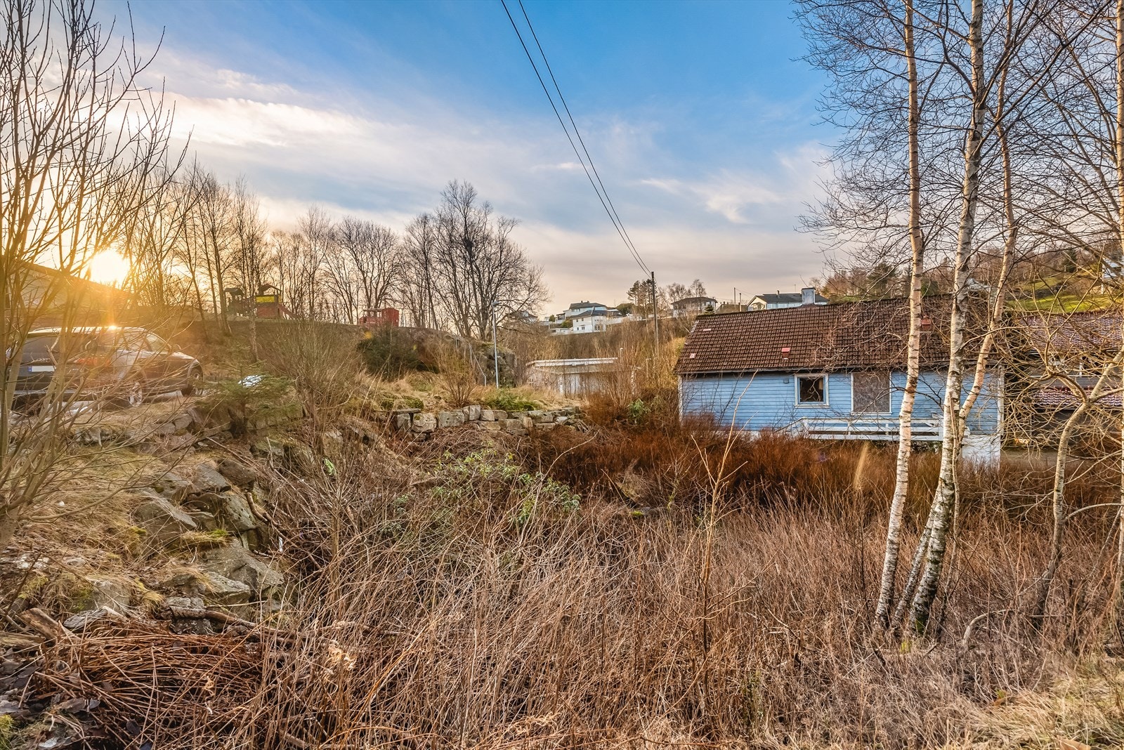 Tomten er skrånende med viltvoksende natur og har stort potensiale for bedre utnyttelse enn i dag Galleribilde