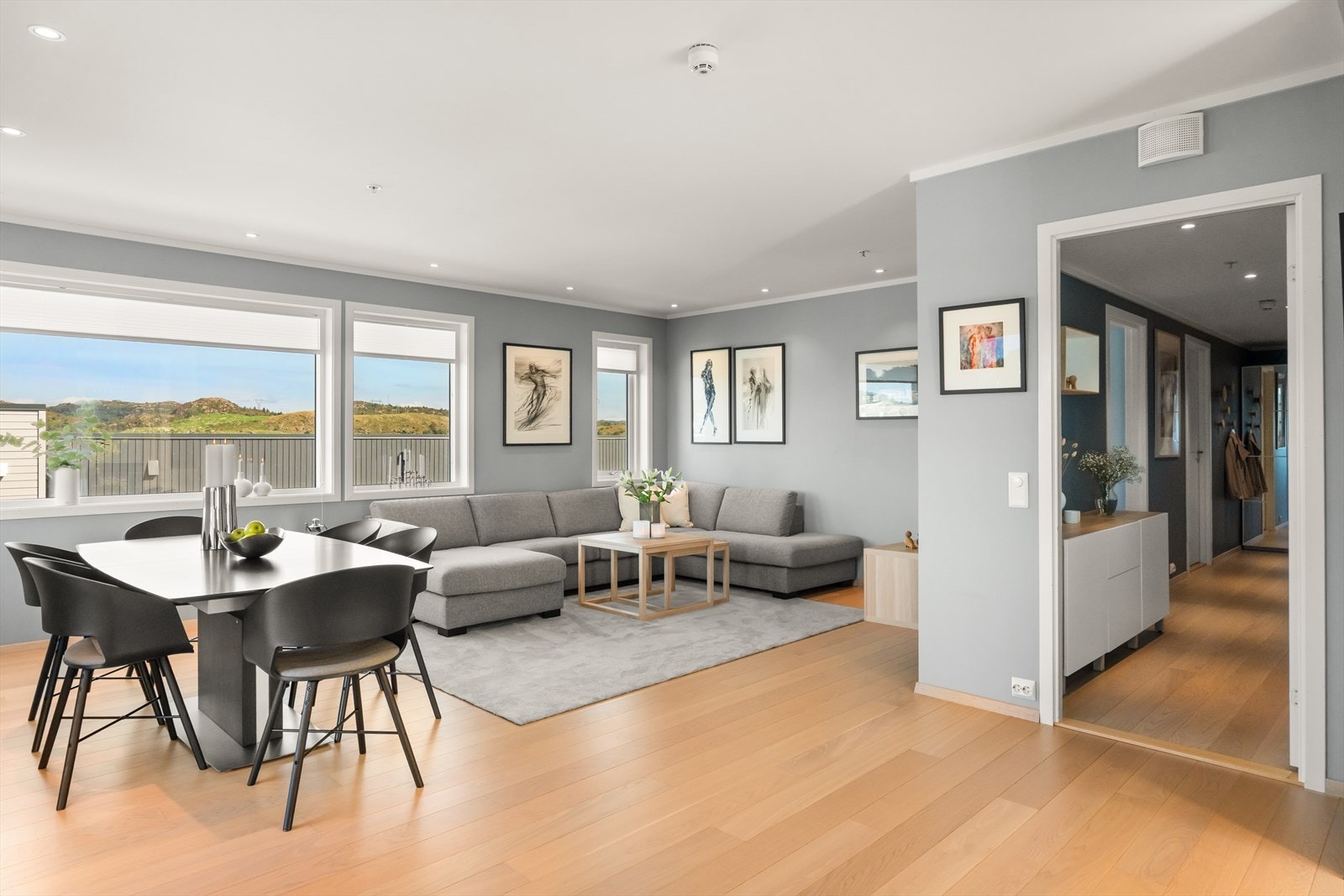 Lys tiltalende stue med god plass til sittegruppe og spisestue Galleribilde