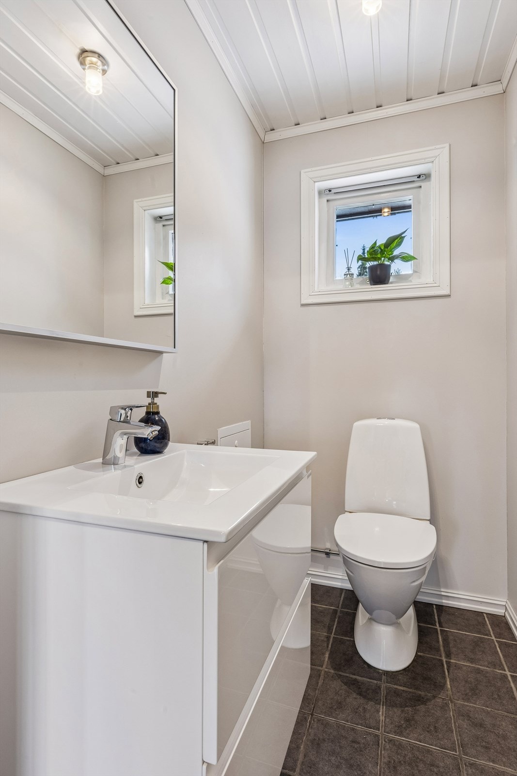 Et praktisk toalettrom med servant og toalett, beleilig plassert i hovedetasjen. Galleribilde