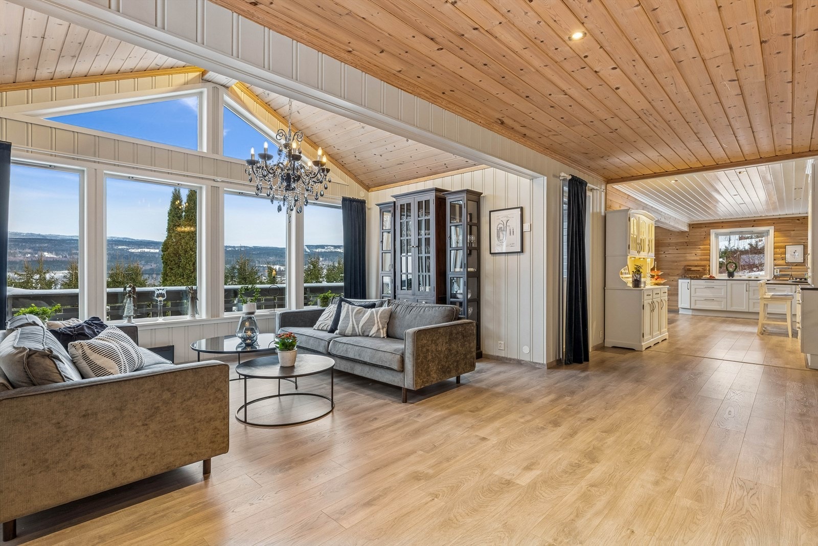 Boligens hovedetasje har romslige oppholdsrom med en delvis åpen løsning mellom stue og kjøkken. Galleribilde