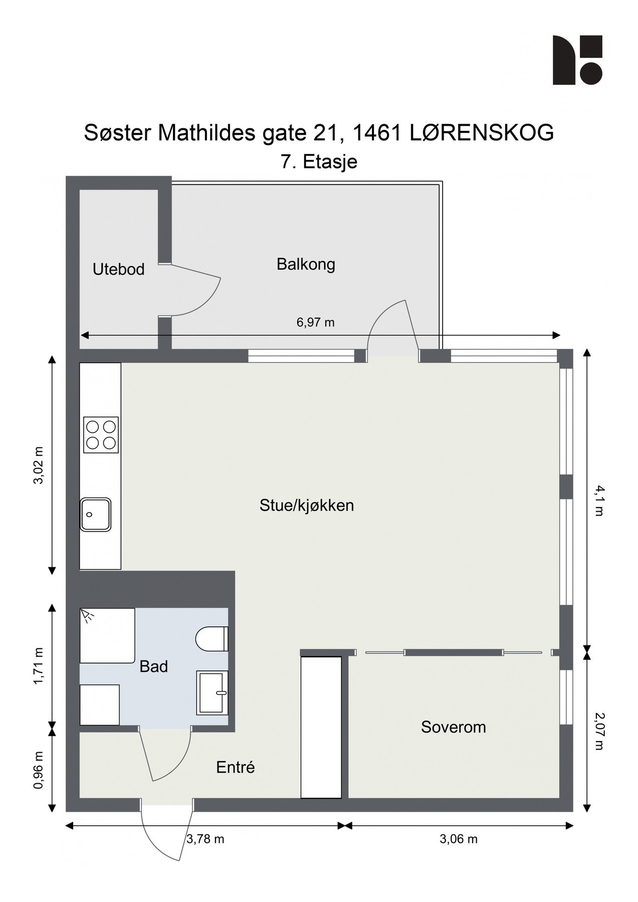 Planløsning består av Bad, entre, soverom, stue/kjøkken, balkong og bod. Galleribilde