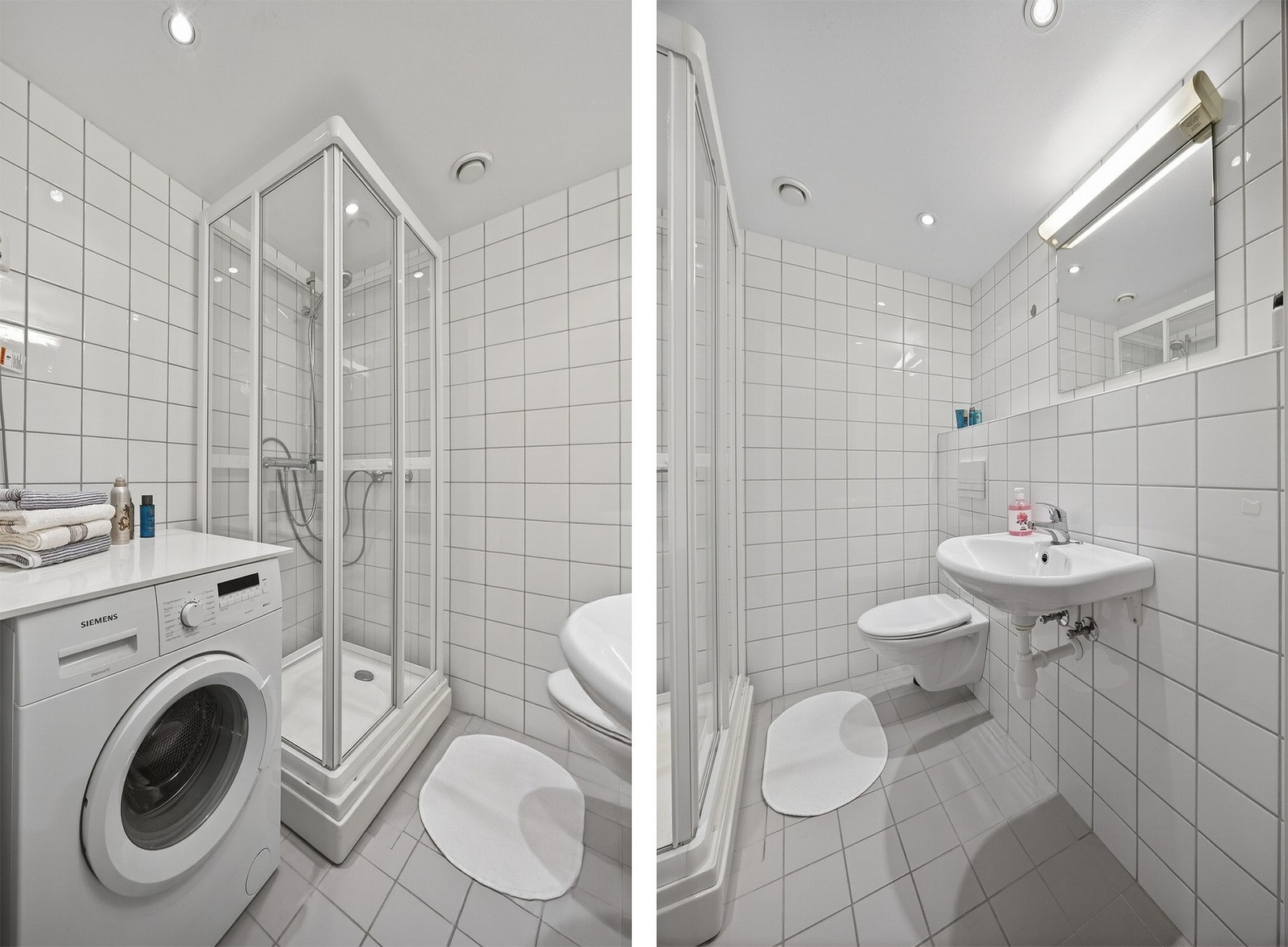 Badet har varmekabler i gulv. Badet er utstyrt med dusjkabinett, vegghengt toalett med innebygget sisterne, servant og opplegg for vaskemaskin. Galleribilde