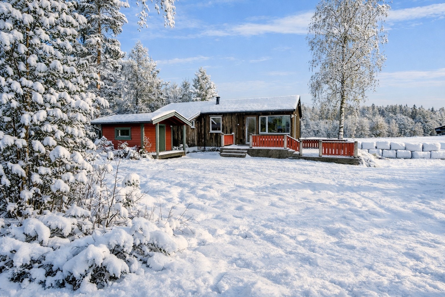 Tomten er opparbeidet med plenareal og diverse beplantning. Galleribilde