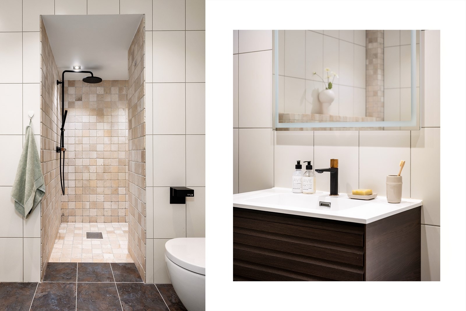 Badet har servant med underskap, speil med belysning, veggmontert toalett, boblebad, dusjnisje og opplegg for vaskemaskin. Galleribilde