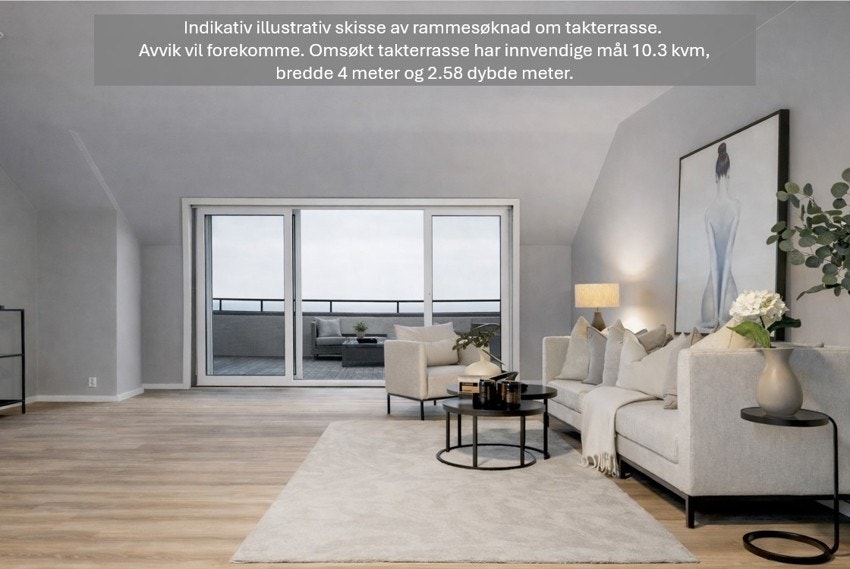 Det søkes nå tillatelse til tiltak oppføring av en terrasse/takterrasse. Illustrasjonen er laget av KI og er for å vise potensiale i en slik løsning. Utsyn er også ikke korrekt Galleribilde