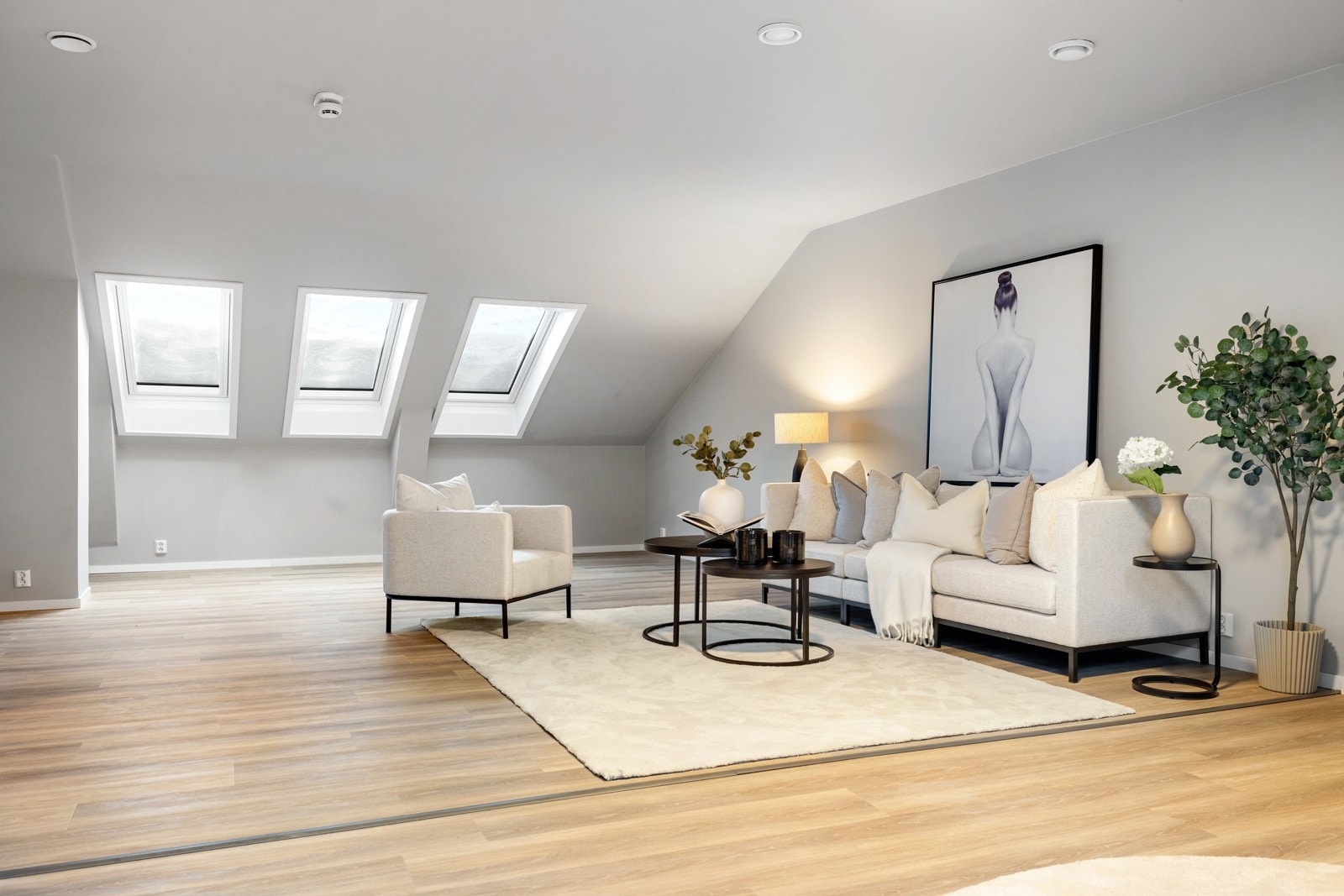 Separat TV-stue ligger i motsatt ende av leiligheten, adskilt fra hovedoppholdsrommet Galleribilde