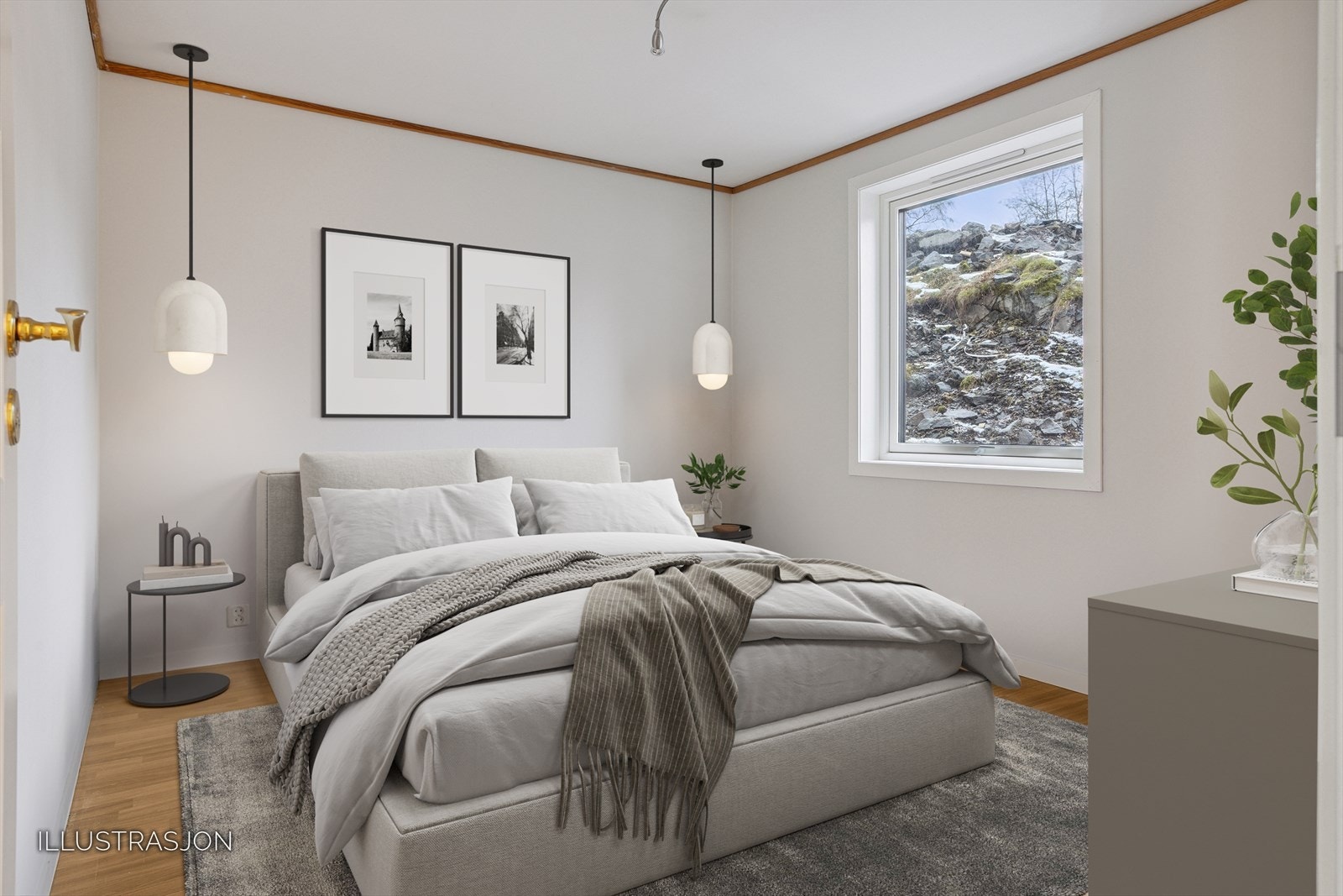 Soverom på ca. 11,6 kvm med god plass til dobbeltseng og nattbord. Digitalt møblert bilde. Galleribilde