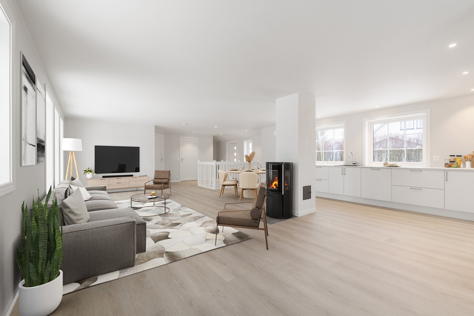 Mellom stuen og kjøkkenet er det montert en peisovn som varmer godt på vinteren. (Bildet er digitalt stylet). Galleribilde