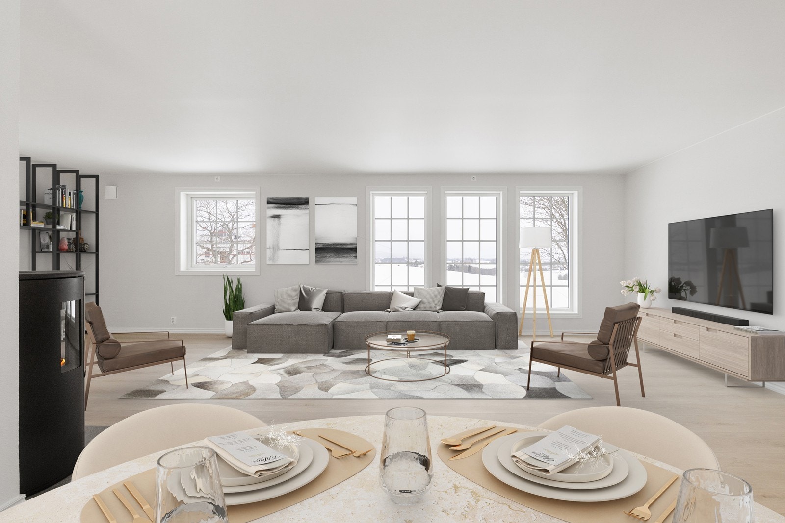 Stuen har tilgang på mye naturlig lys fra flere store vinduer. (Bildet er digitalt stylet). Galleribilde