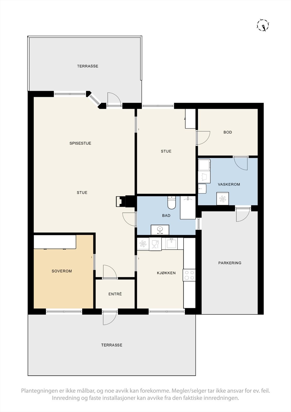 Boligen har en praktisk planløsning på ett plan med to soverom og carport. Galleribilde