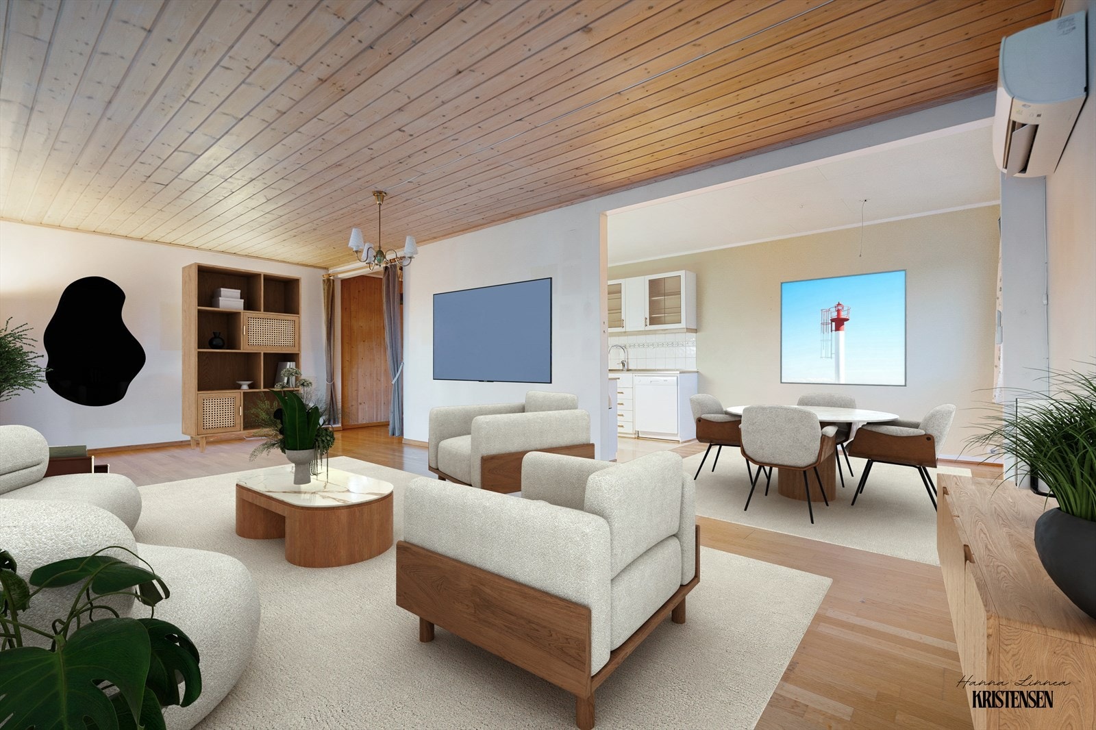 Romslig stue med mulighet for møblering i ulike soner. (digitalt møblert) Galleribilde