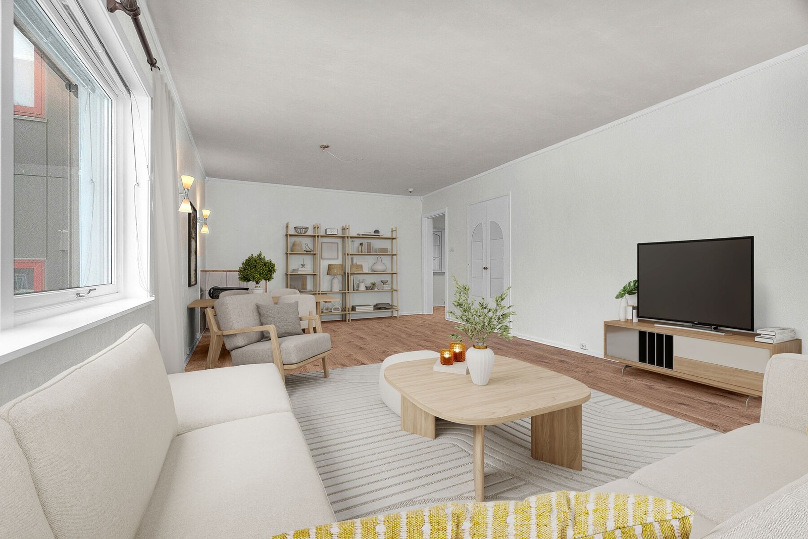 God plass til møblering i stuen. ( Digitalt møblert) Galleribilde