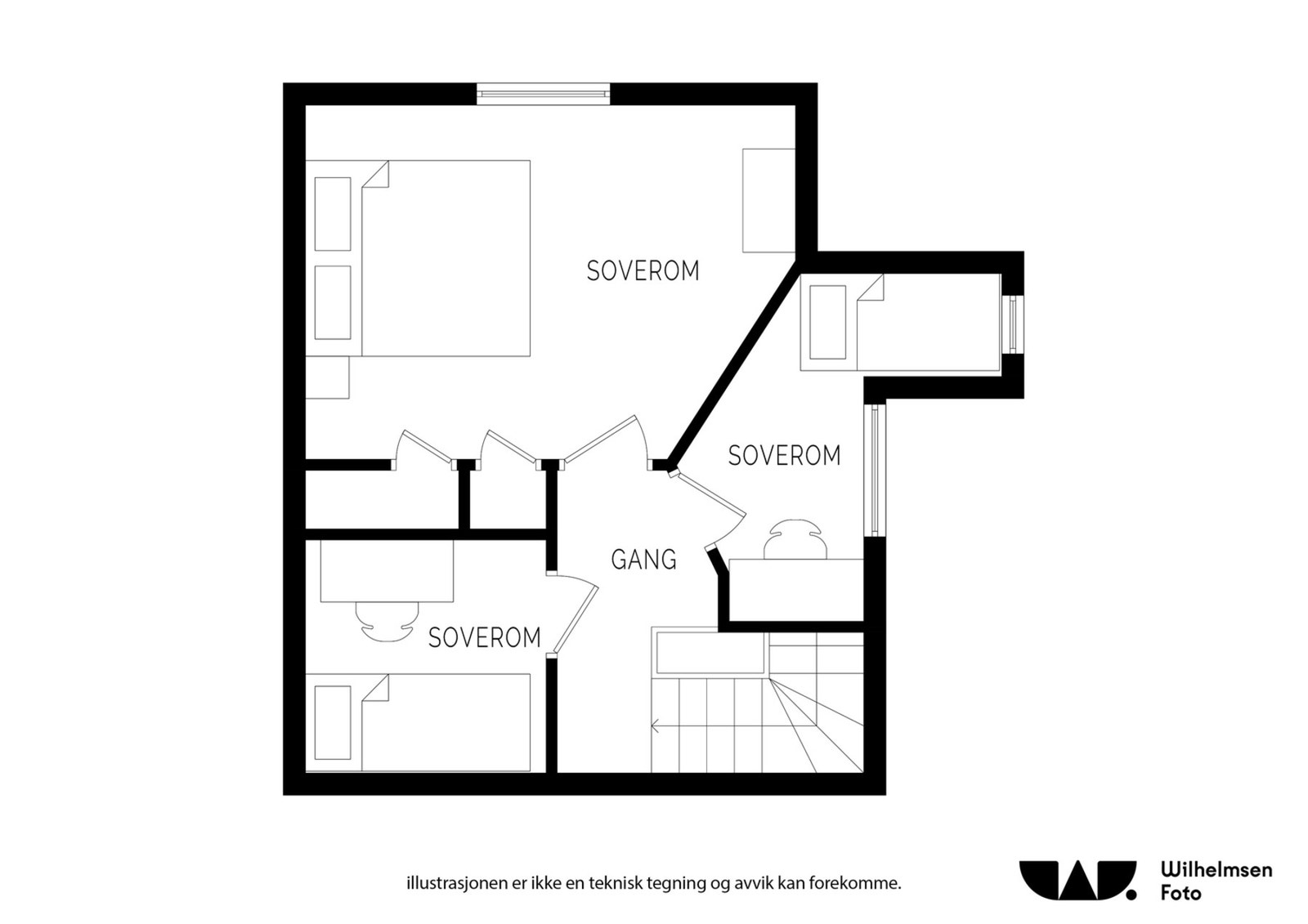 2.plan: Trapperom (3,9 m²), kammers (3,2 m²),
soverom (10,8 m²), kammers (2,9 m²) Galleribilde